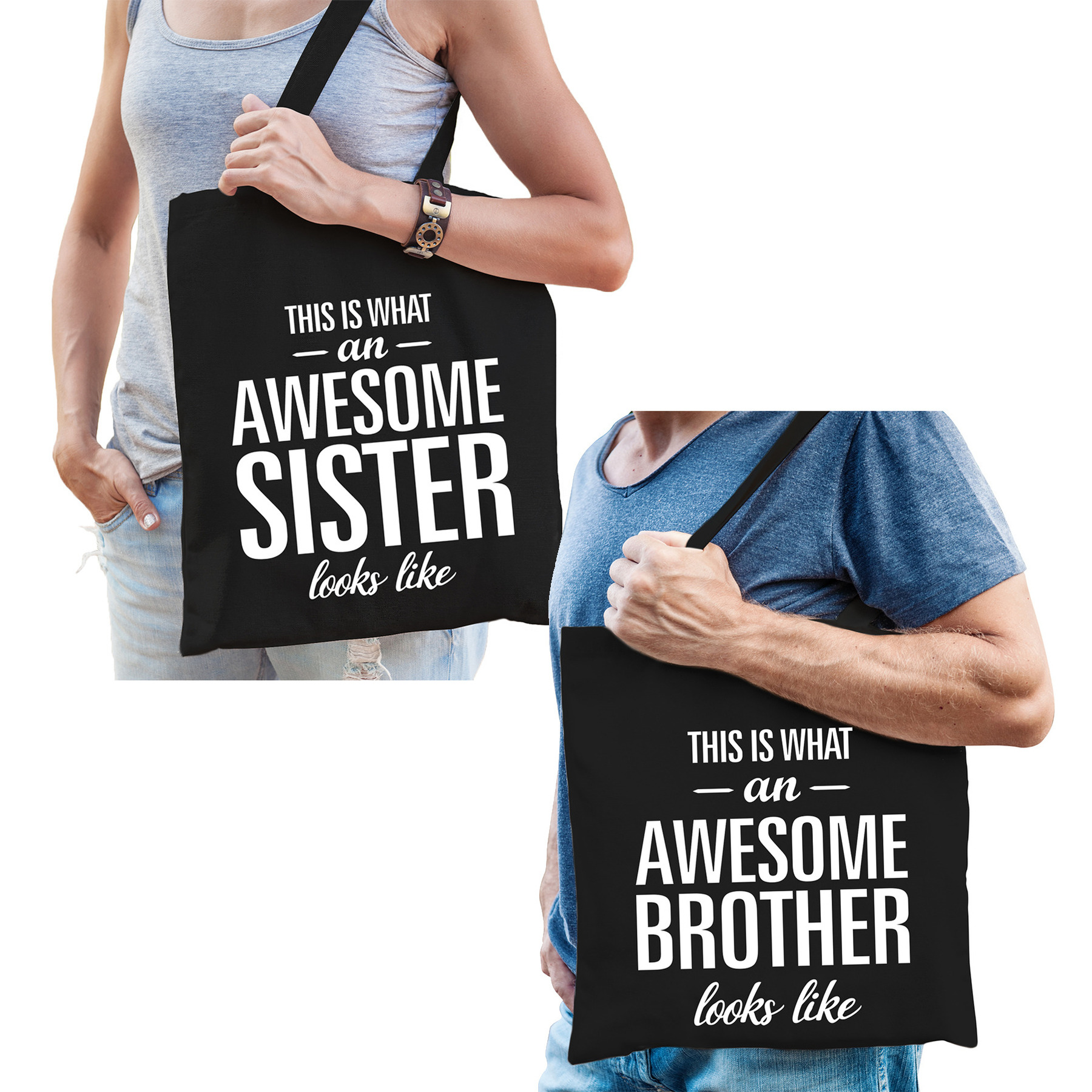 Awesome Brother en Sister tasje zwart Cadeau tassen set voor Broer en Zus