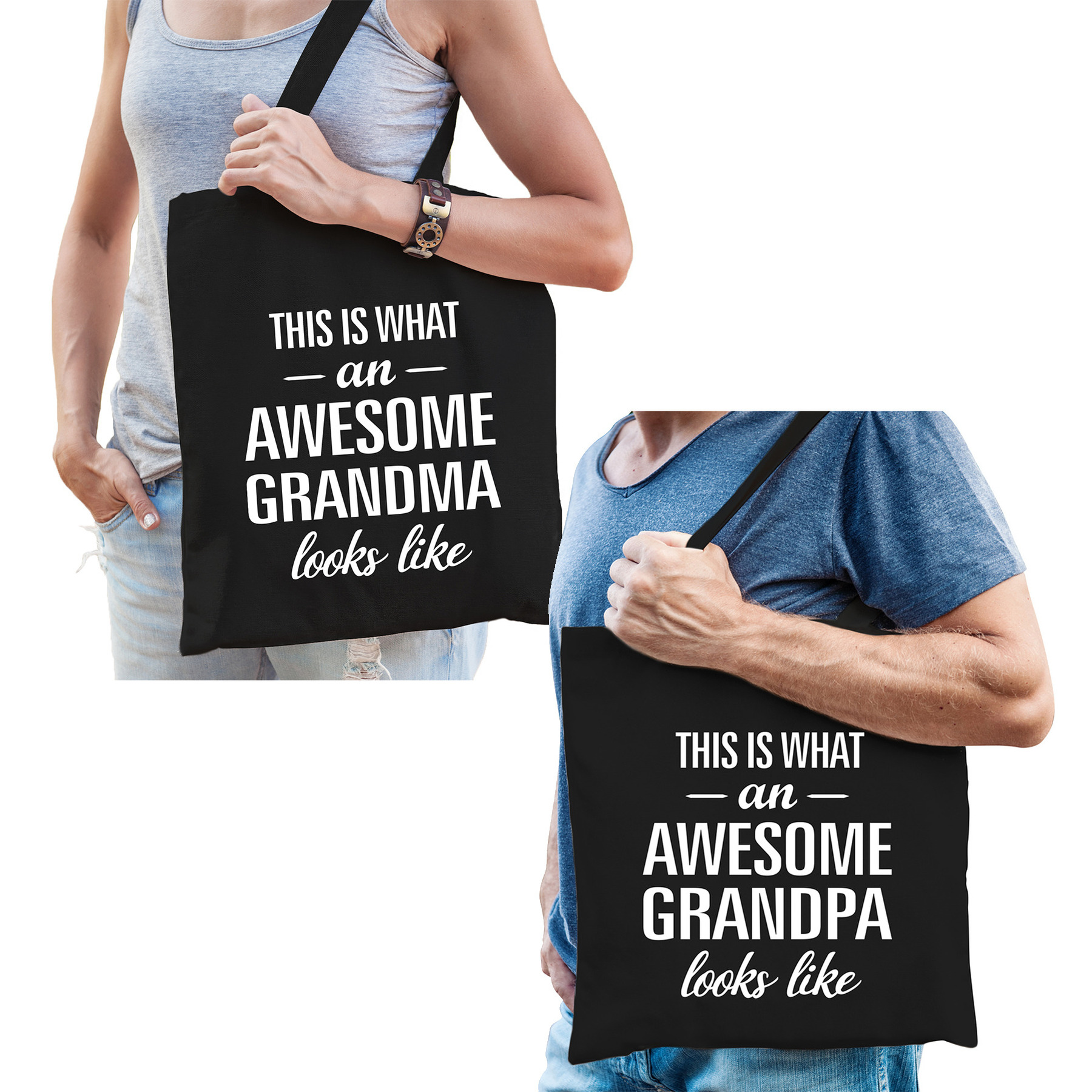 Awesome grandma en grandpa tasje zwart Cadeau tassen set voor Opa en Oma
