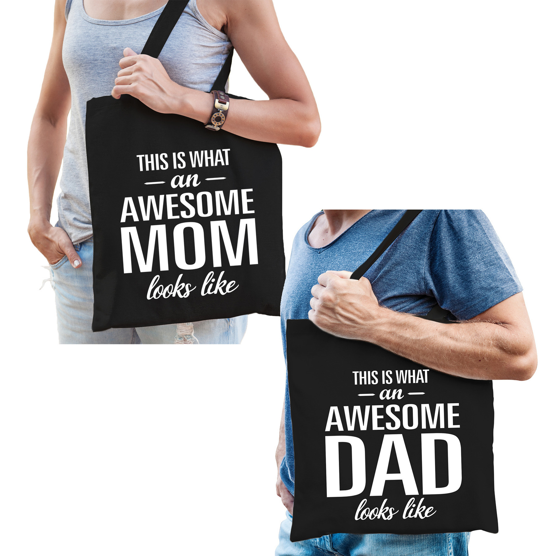 Awesome Mom en Awesome Dad tasje Cadeau tassen set voor Papa en Mama