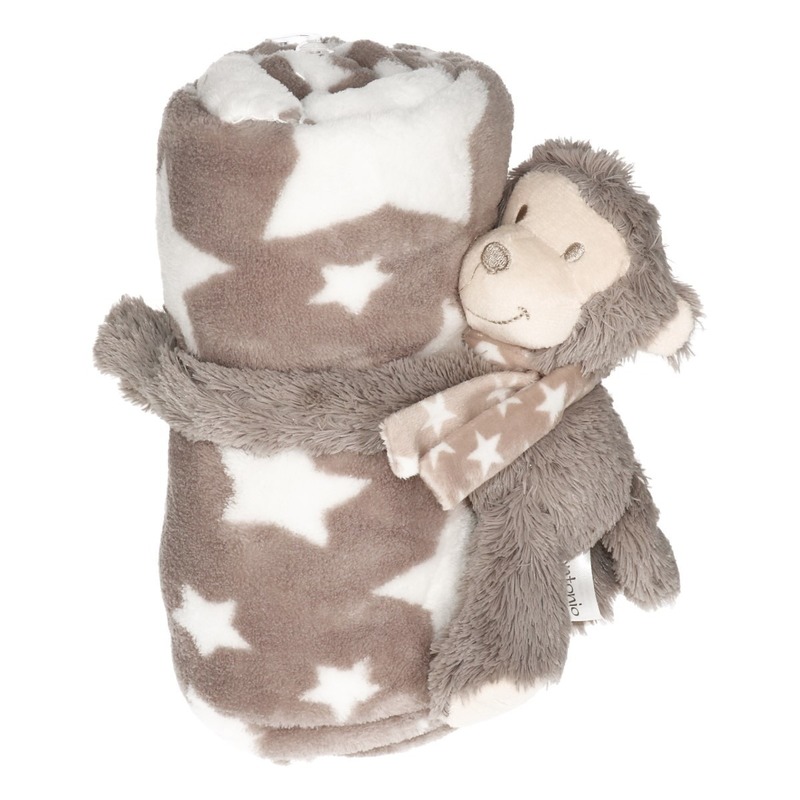 Baby kraamcadeau sterrenprint fleecedeken met aapjes knuffel