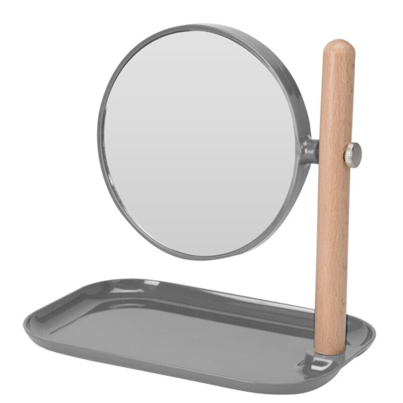 Badkamerspiegel-make-up spiegel rond dubbelzijdig donkergrijs met opbergbakje L22 x B14 x H23