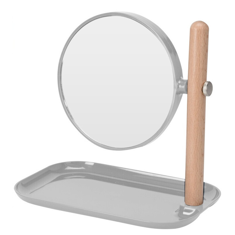 Badkamerspiegel-make-up spiegel rond dubbelzijdig lichtgrijs met opbergbakje L22 x B14 x H23