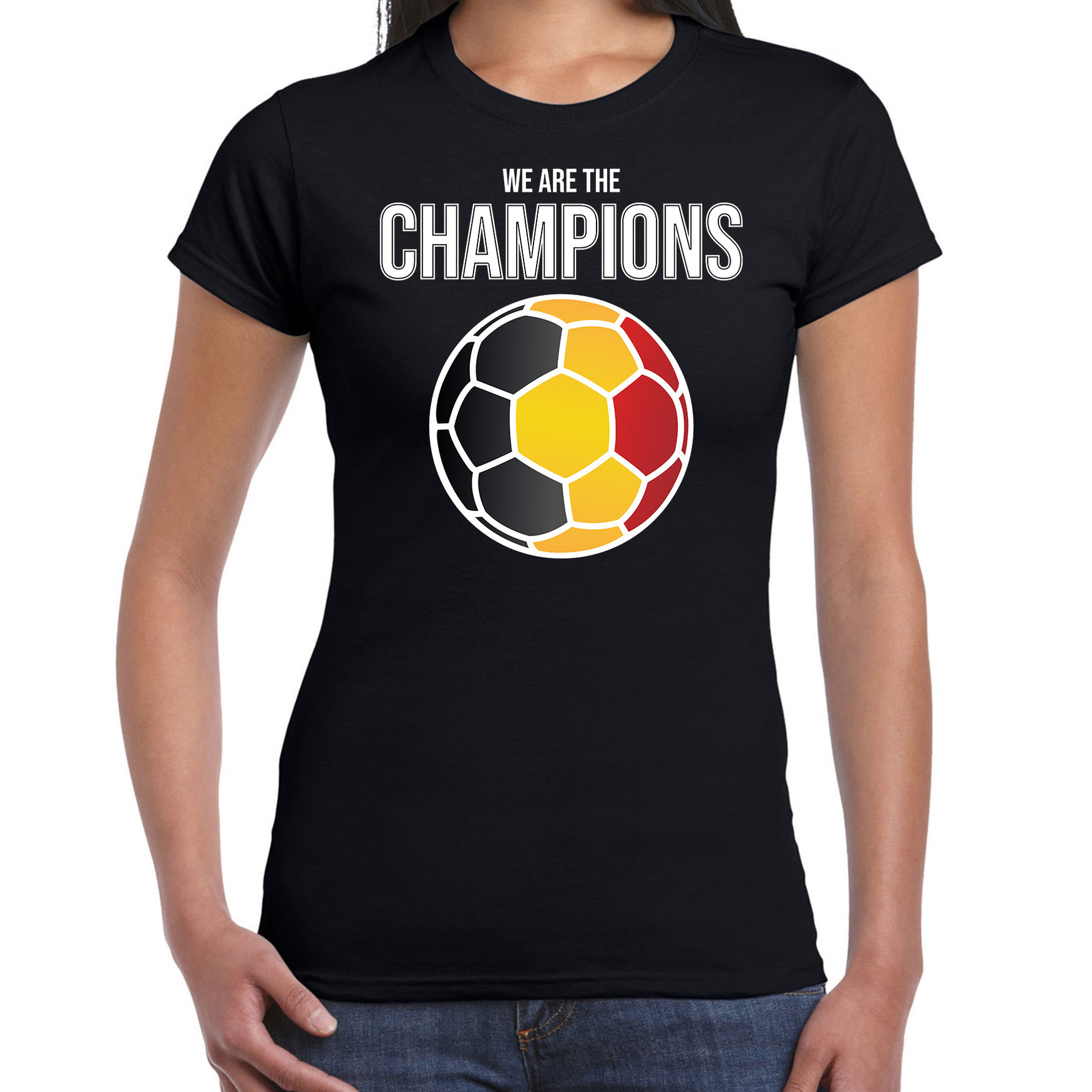 Belgie EK- WK supporter t-shirt we are the champions met Belgische voetbal zwart dames