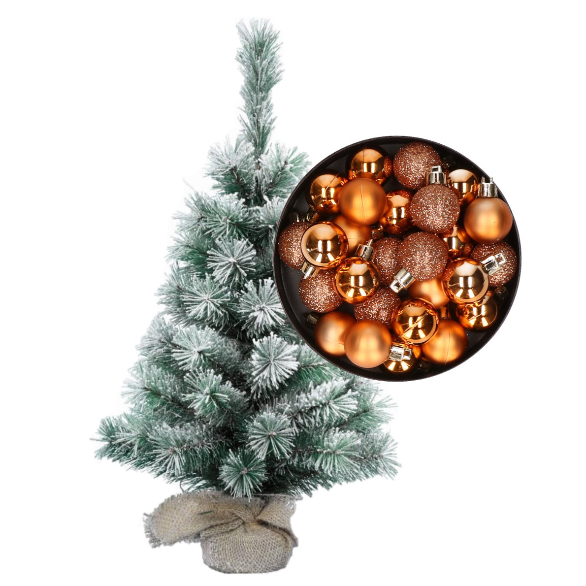 Besneeuwde mini kerstboom-kunst kerstboom 35 cm met kerstballen koper