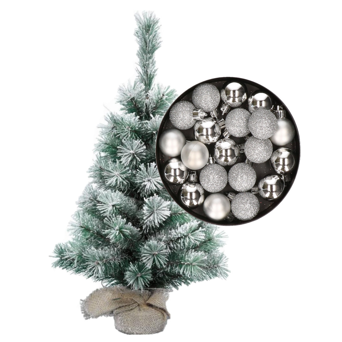 Besneeuwde mini kerstboom-kunst kerstboom 35 cm met kerstballen zilver