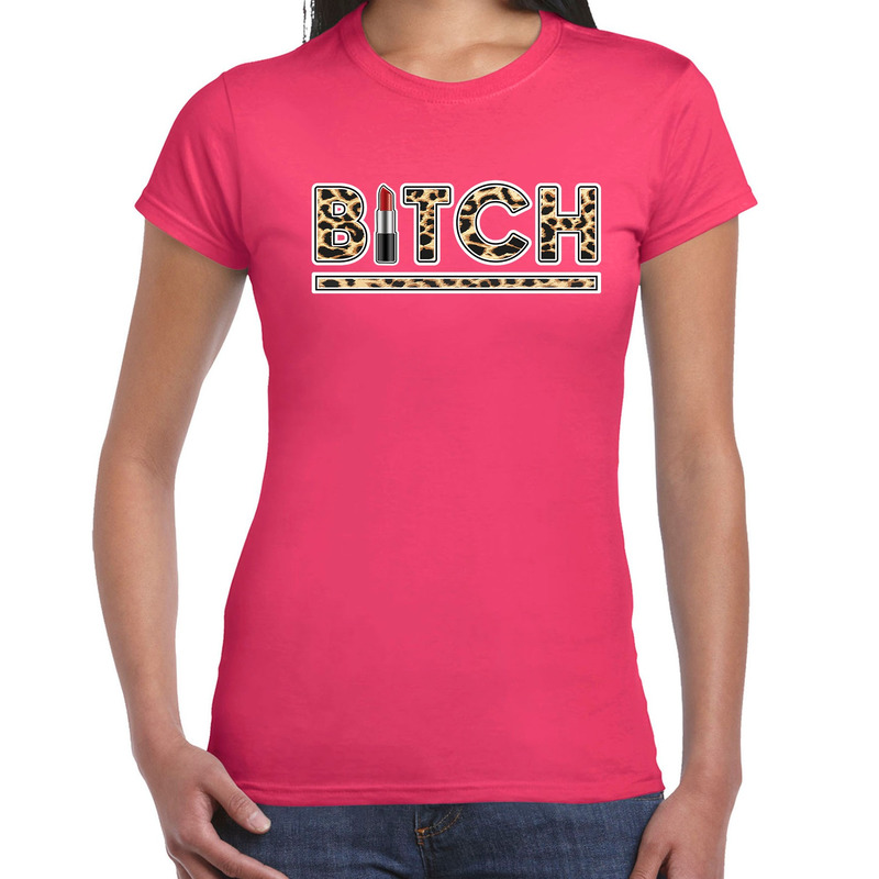 Bitch lipstick fun tekst t-shirt voor dames roze panter print