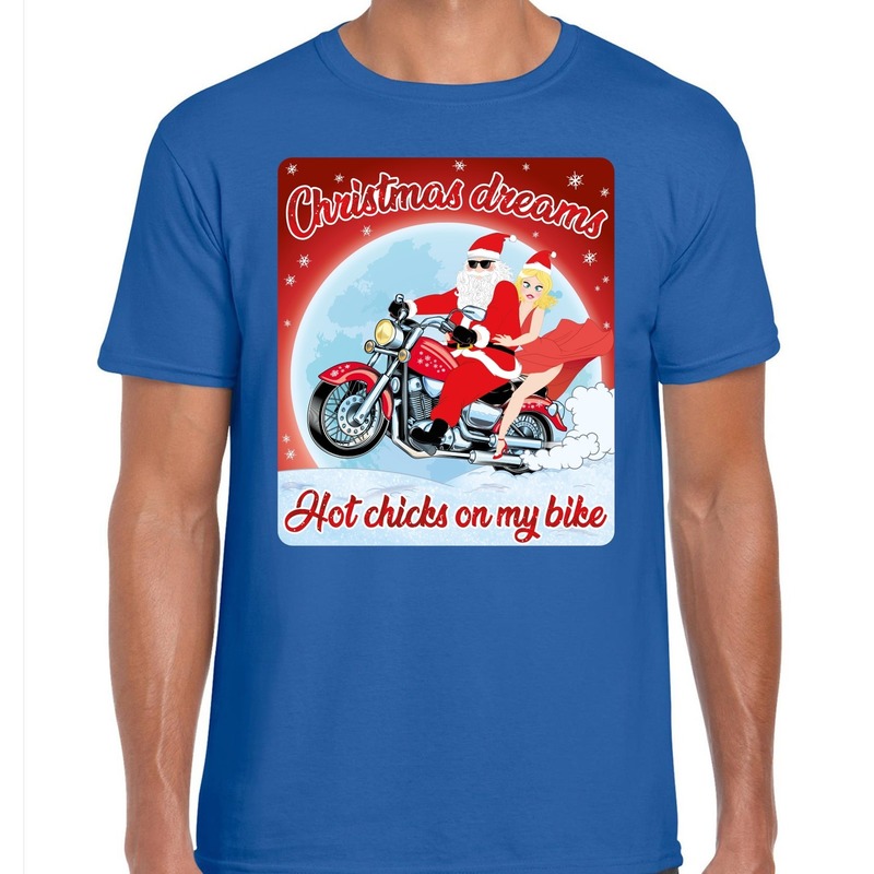 Blauw fout kerstshirt-t-shirt christmas dreams hot chicks on my bike voor motorfans voor heren