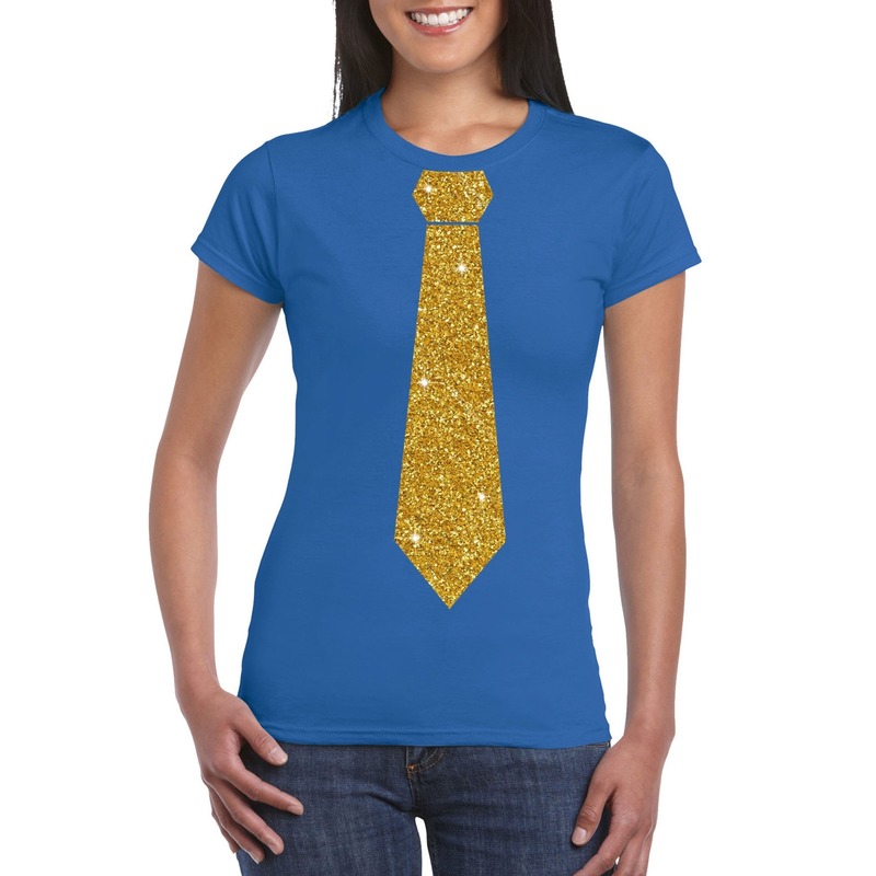 Blauw fun t-shirt met stropdas in glitter goud dames