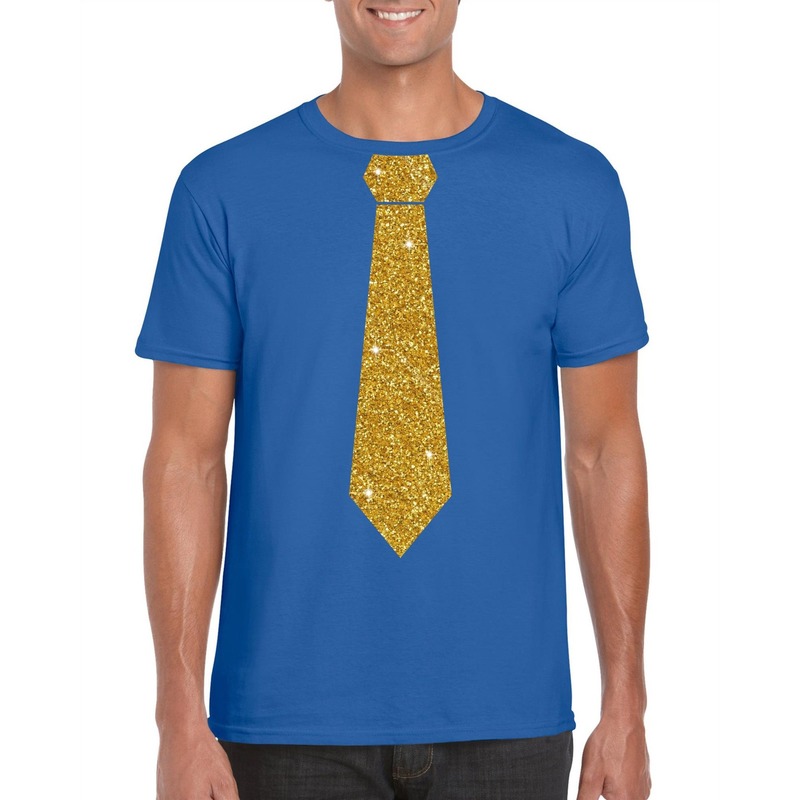 Blauw fun t-shirt met stropdas in glitter goud heren
