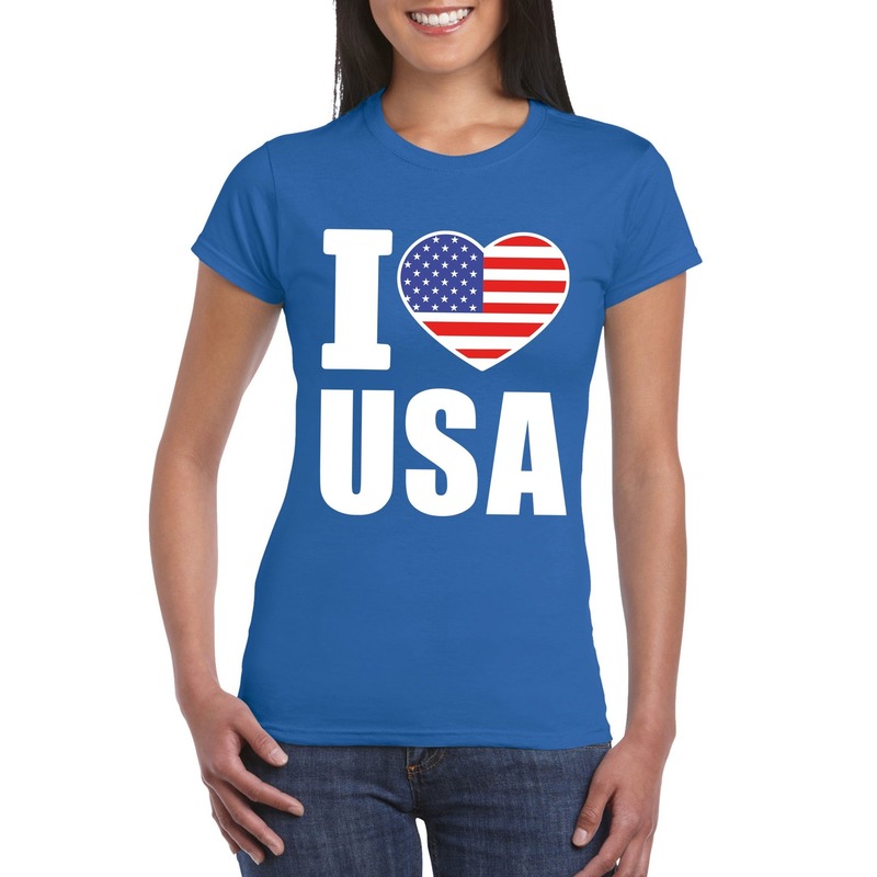 Blauw I love USA Amerika fan shirt dames