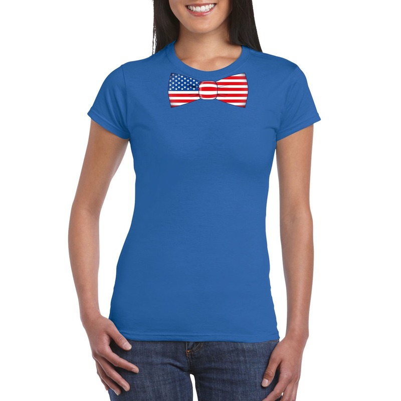 Blauw t-shirt met Amerika vlag strikje dames