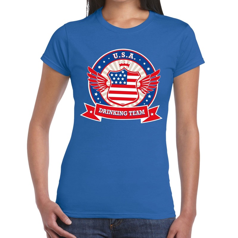 Blauw USA drinking team t-shirt dames