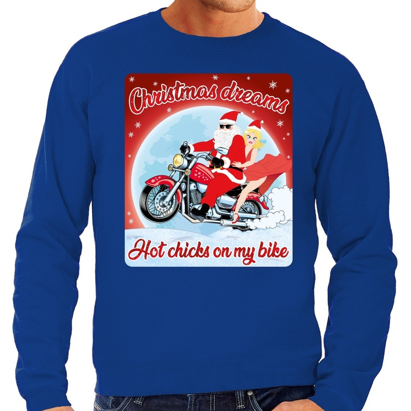 Blauwe foute kersttrui-sweater christmas dreams hot chicks on my bike voor motorfans voor heren