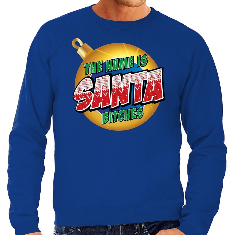 Blauwe foute kersttrui-sweater The name is Santa bitches voor heren