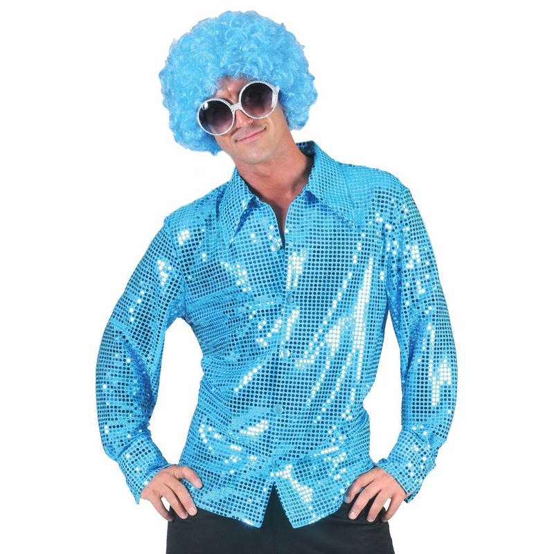 Blauwe pailletten disco blouse voor heren
