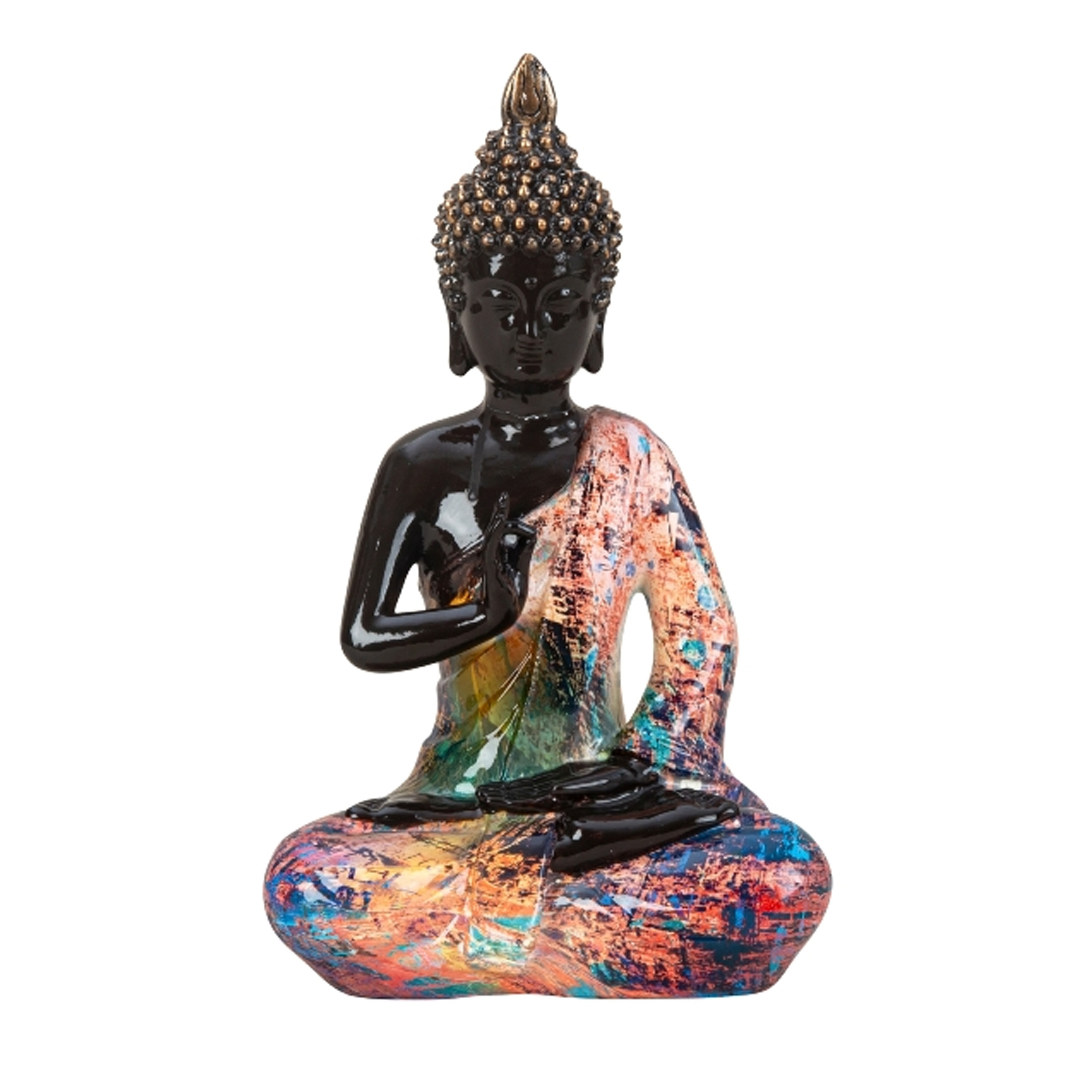Boeddha beeld Colorfull binnen-buiten kunststeen zwart-kleurenmix 16 x 26 cm