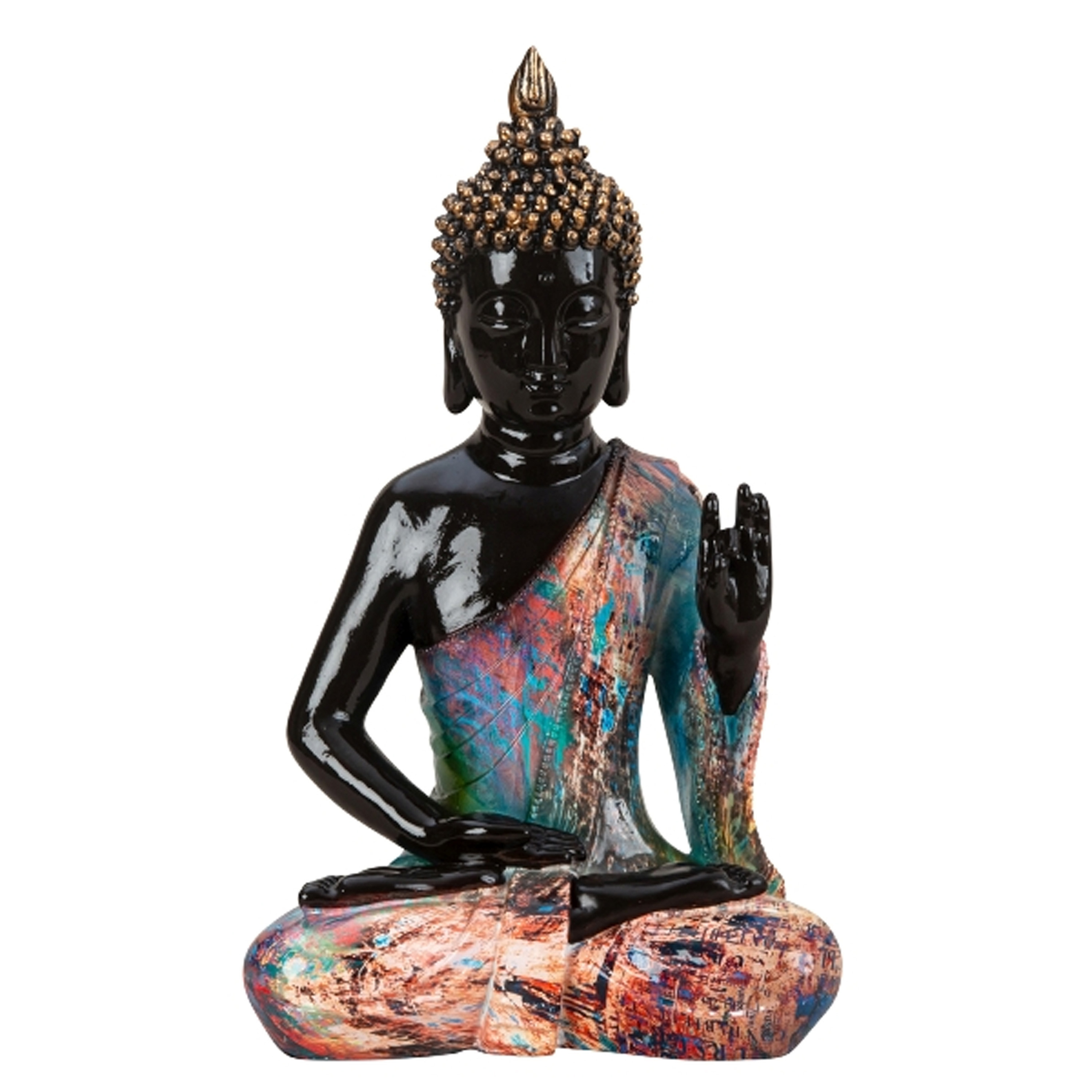 Boeddha beeld Colorfull binnen-buiten kunststeen zwart-kleurenmix 18 x 31 cm