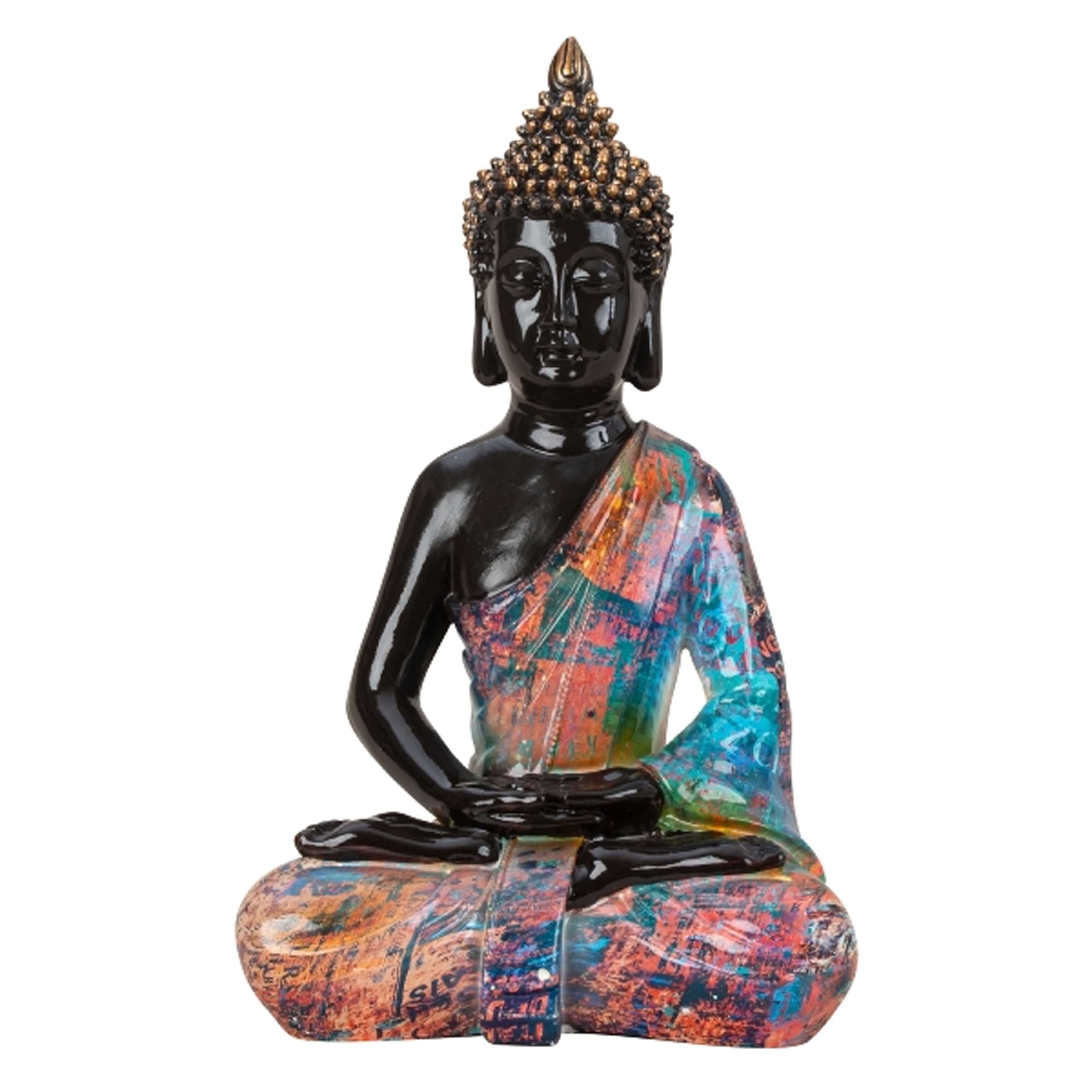 Boeddha beeld Colorfull binnen-buiten kunststeen zwart-kleurenmix 25 x 39 cm
