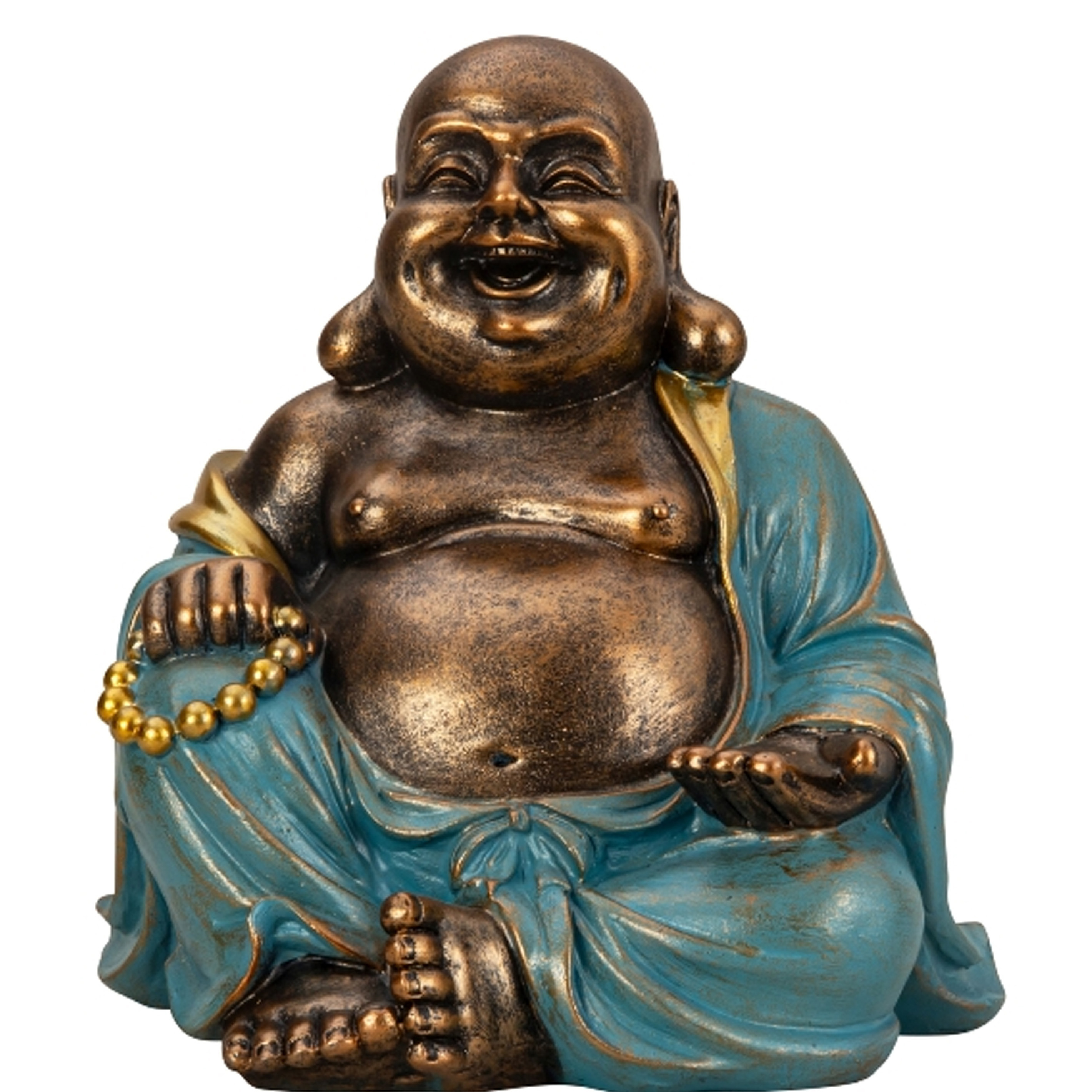 Boeddha beeld Happy Shaman binnen-buiten kunststeen goud-jade 22 x 23 cm