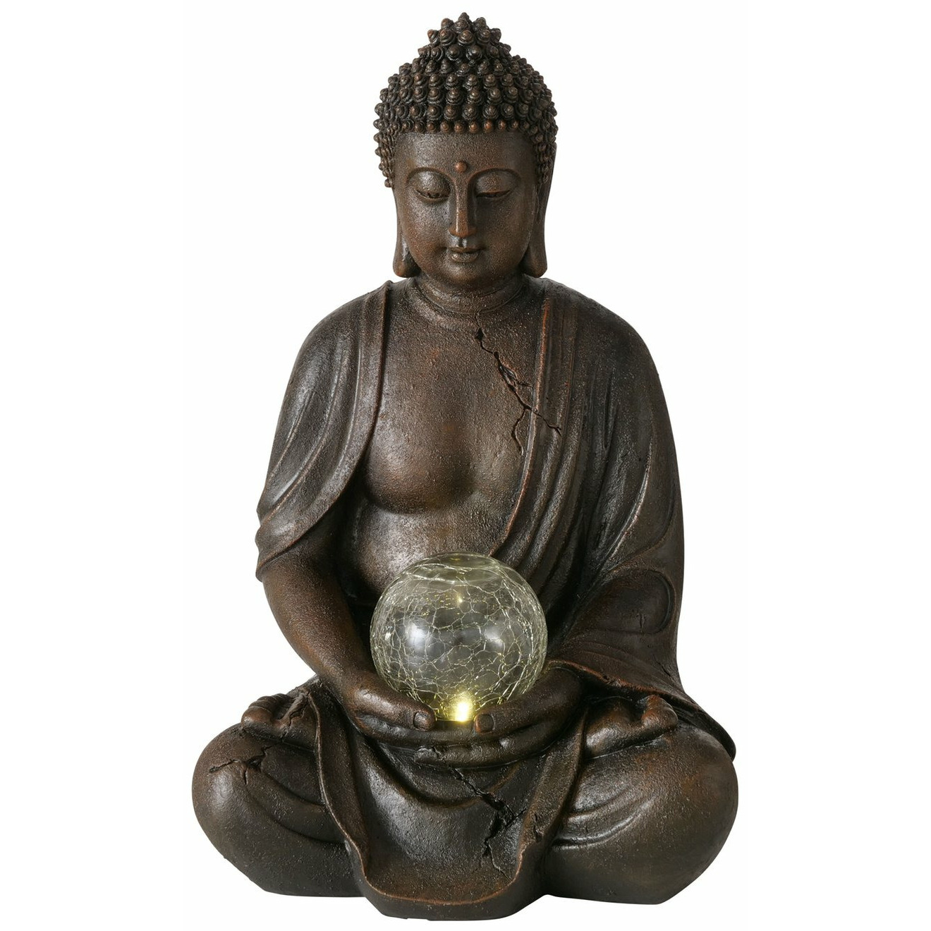 Boeddha beeld met lichtje in bol binnen-buiten kunststeen antiek bruin 24 x 20 x 37 cm