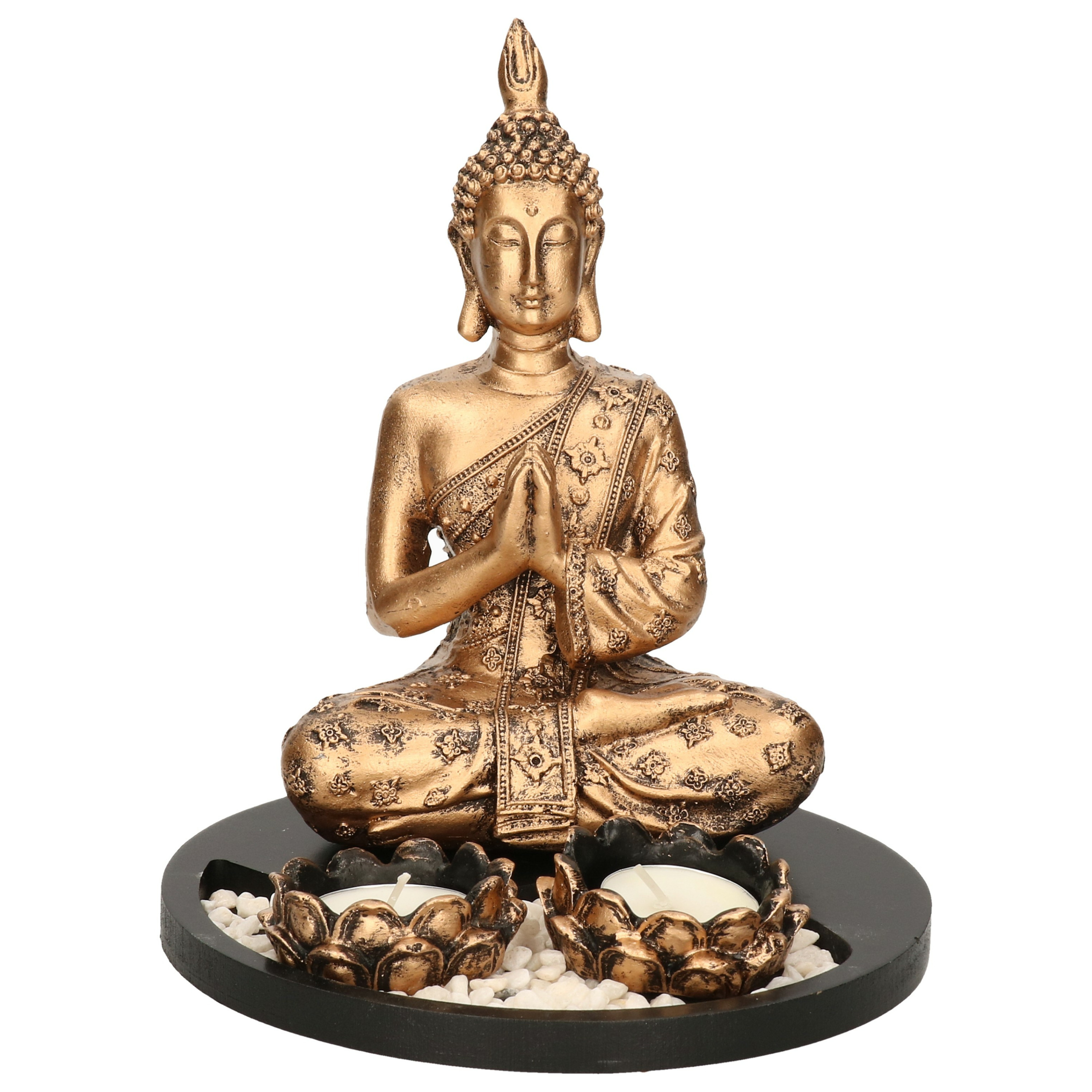 Boeddha beeld met waxinelichthouders goud-zwart voor binnen 20 cm