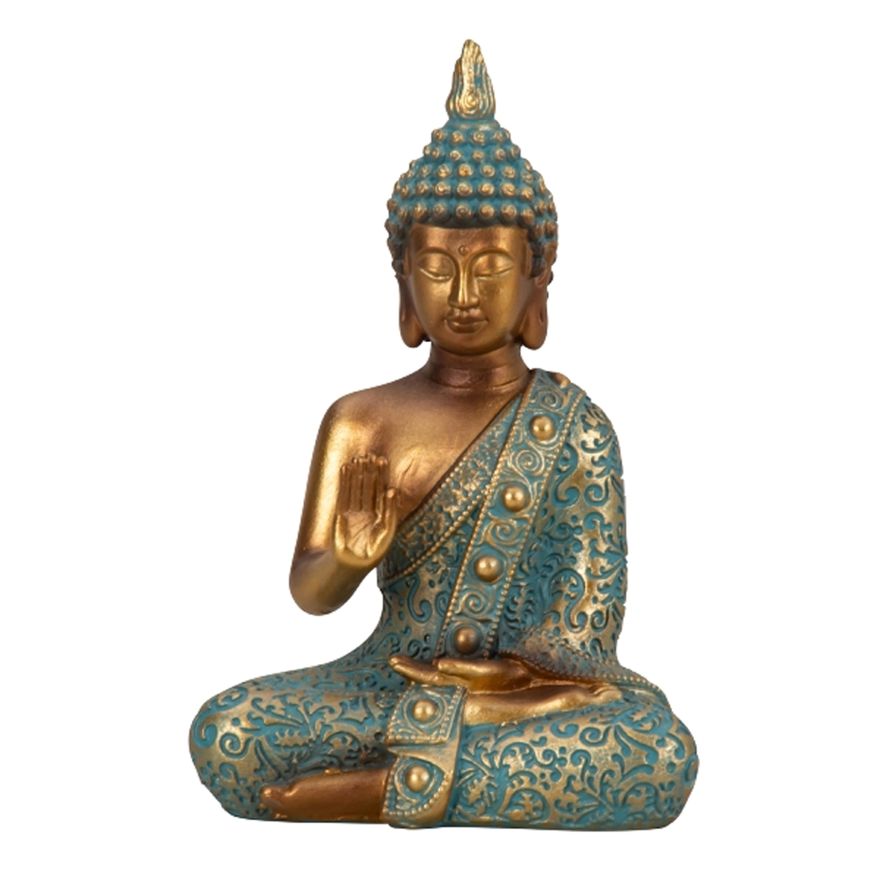 Boeddha beeld Shaman binnen-buiten kunststeen goud-jade 10 x 14 cm
