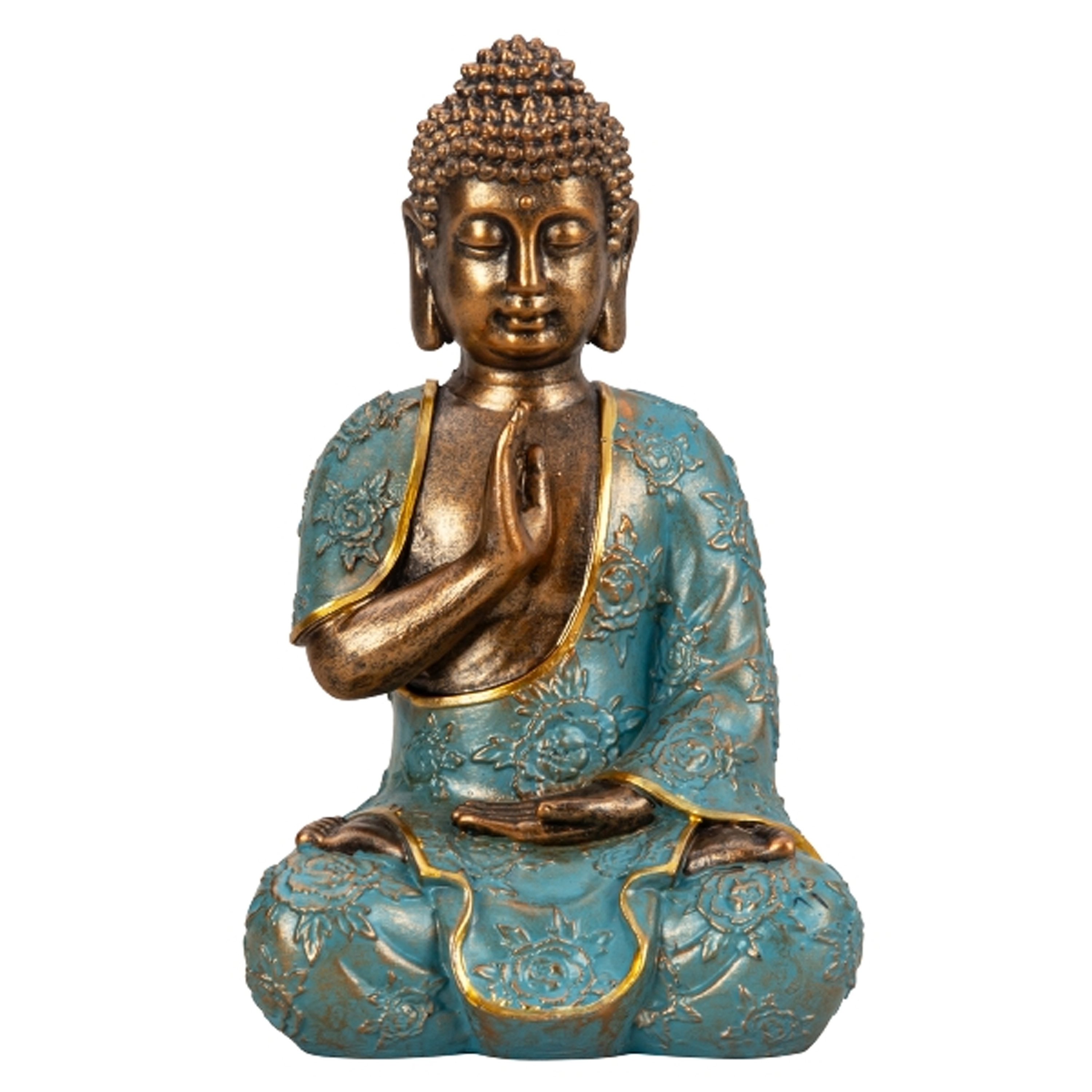 Boeddha beeld Shaman binnen-buiten kunststeen goud-jade 14 x 23 cm