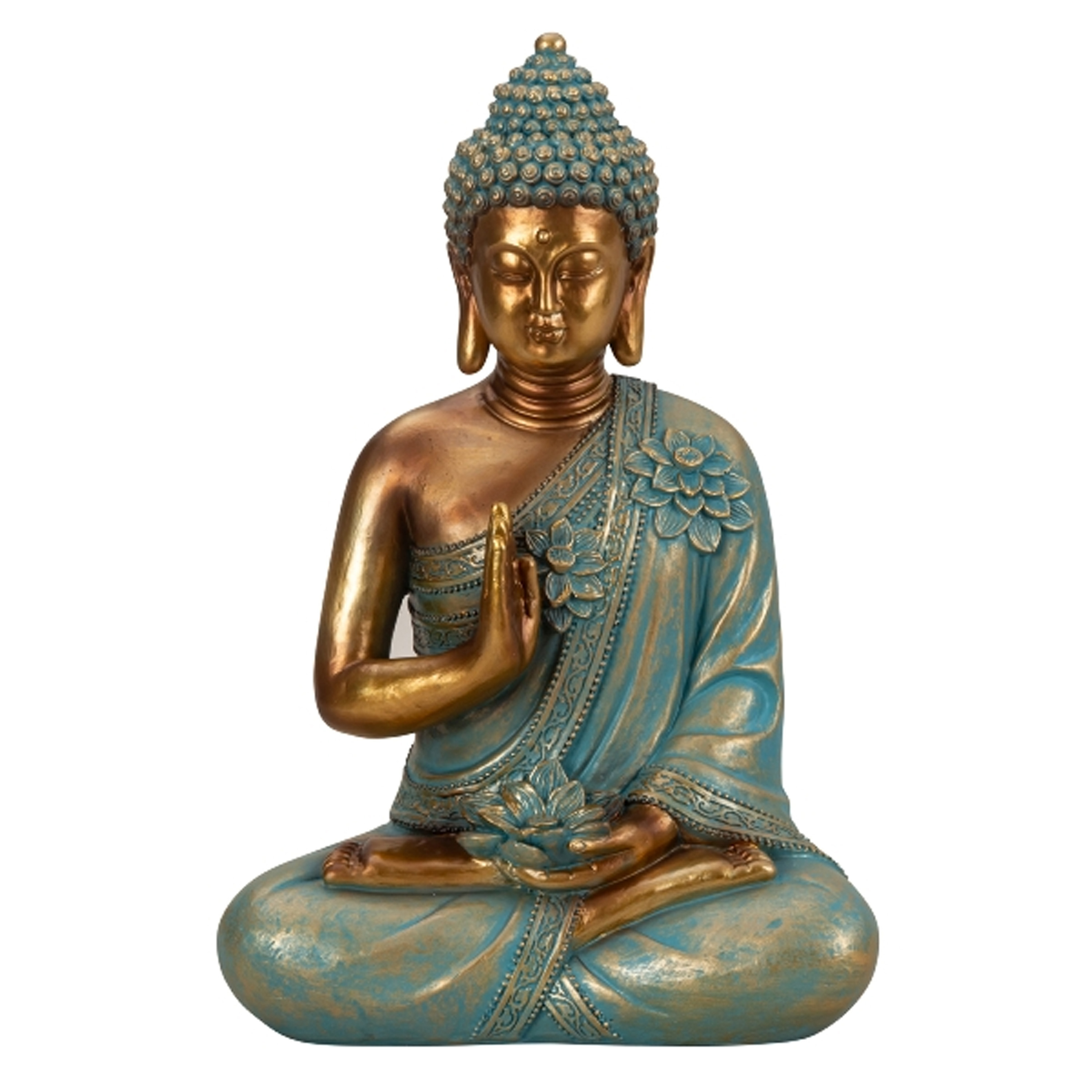 Boeddha beeld Shaman binnen-buiten kunststeen goud-jade 21 x 31 cm