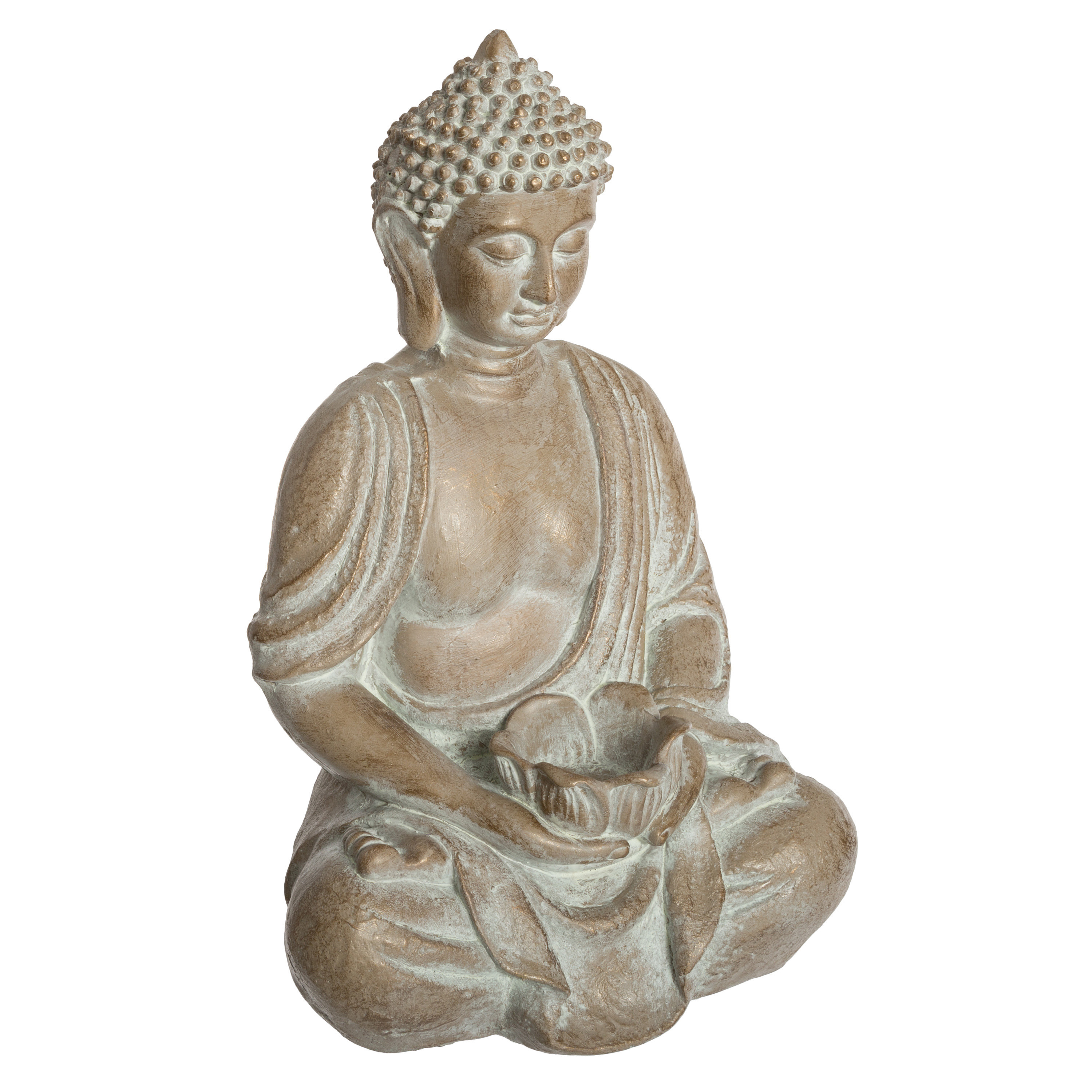 Boeddha beeld zittend binnen-buiten kunststeen beige gebleekt 39 cm
