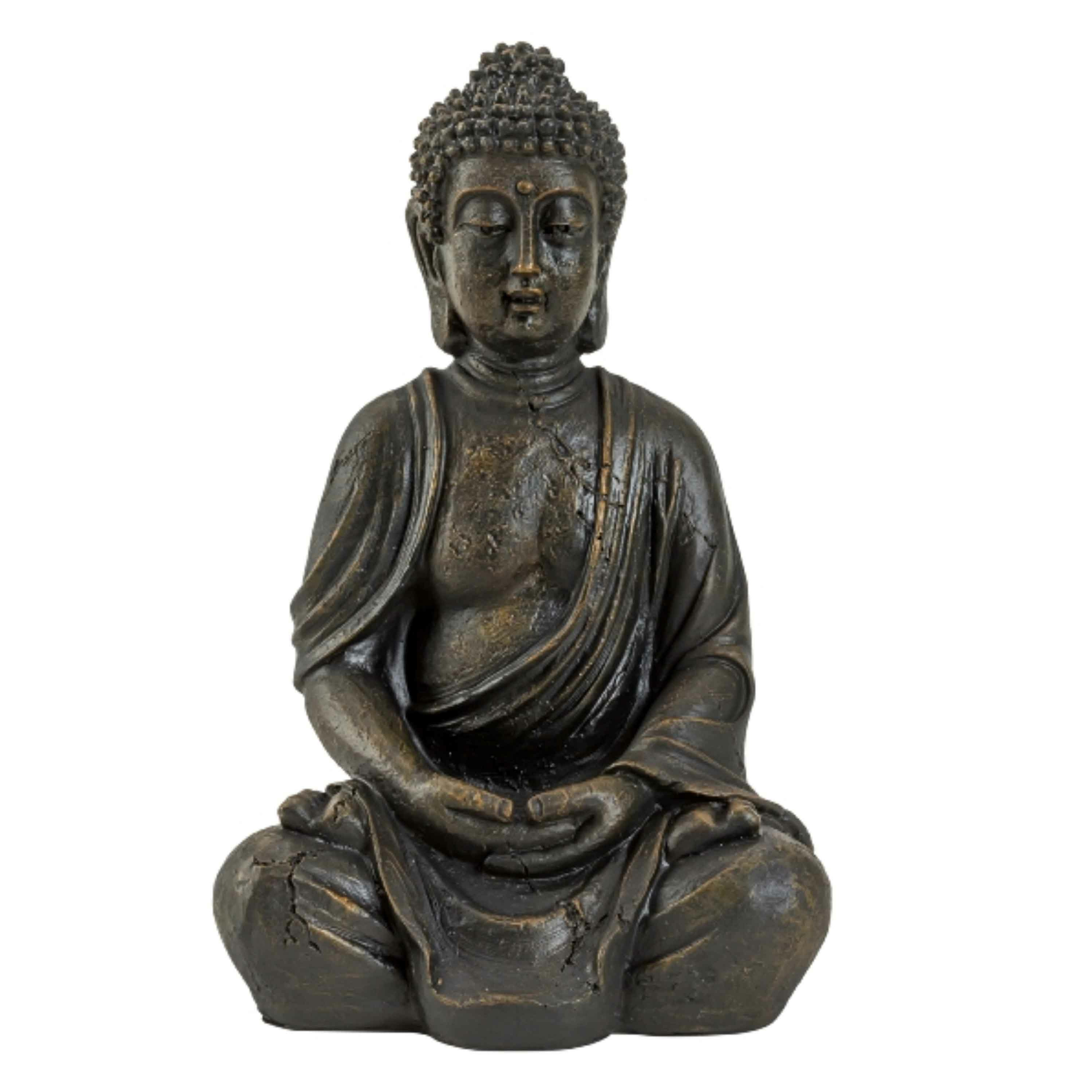 Boeddha beeldje zittend binnen-buiten kunststeen antiek bruin 30 x 20 cm