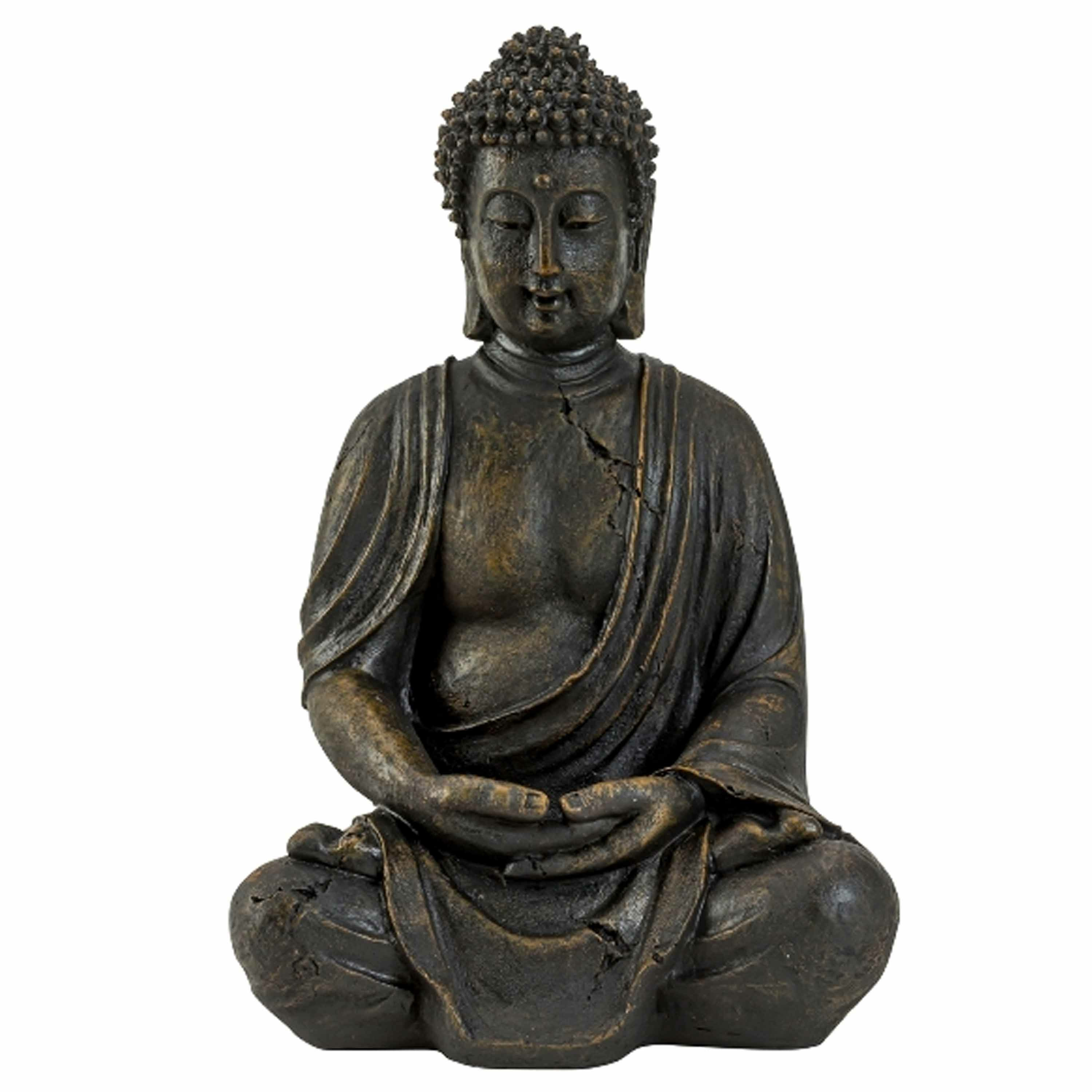 Boeddha beeldje zittend binnen-buiten kunststeen antiek bruin 38 x 25 cm
