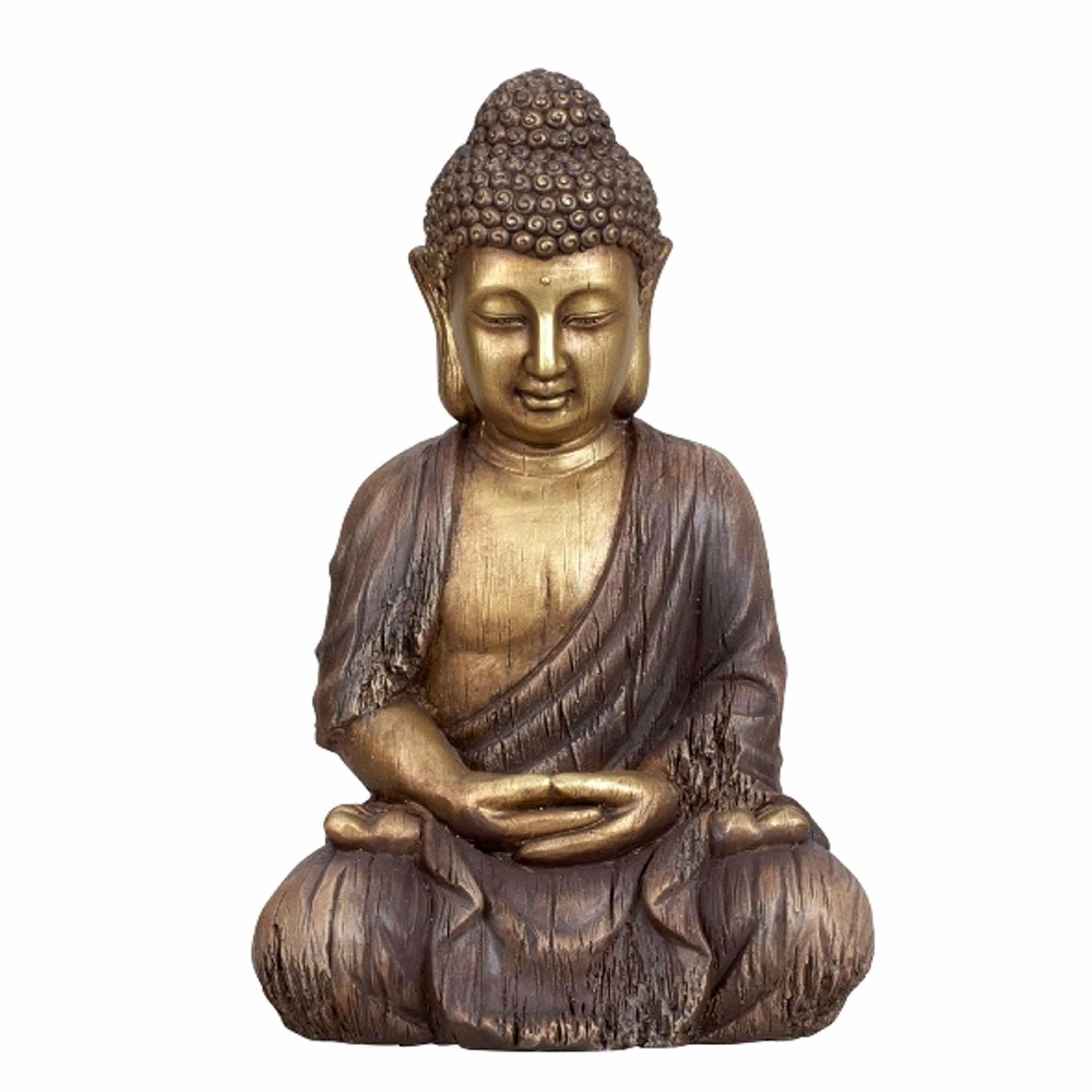 Boeddha beeldje zittend binnen-buiten kunststeen bruin-goud 30 x 45 cm