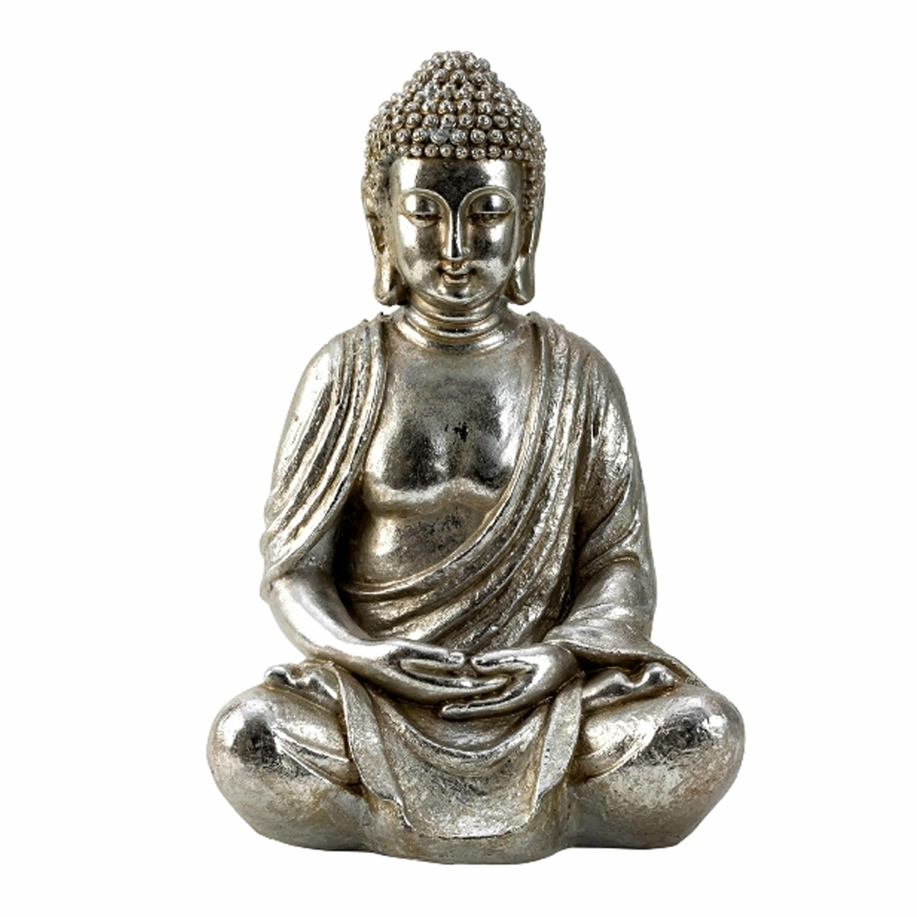 Boeddha beeldje zittend binnen-buiten kunststeen zilver 48 x 31 cm