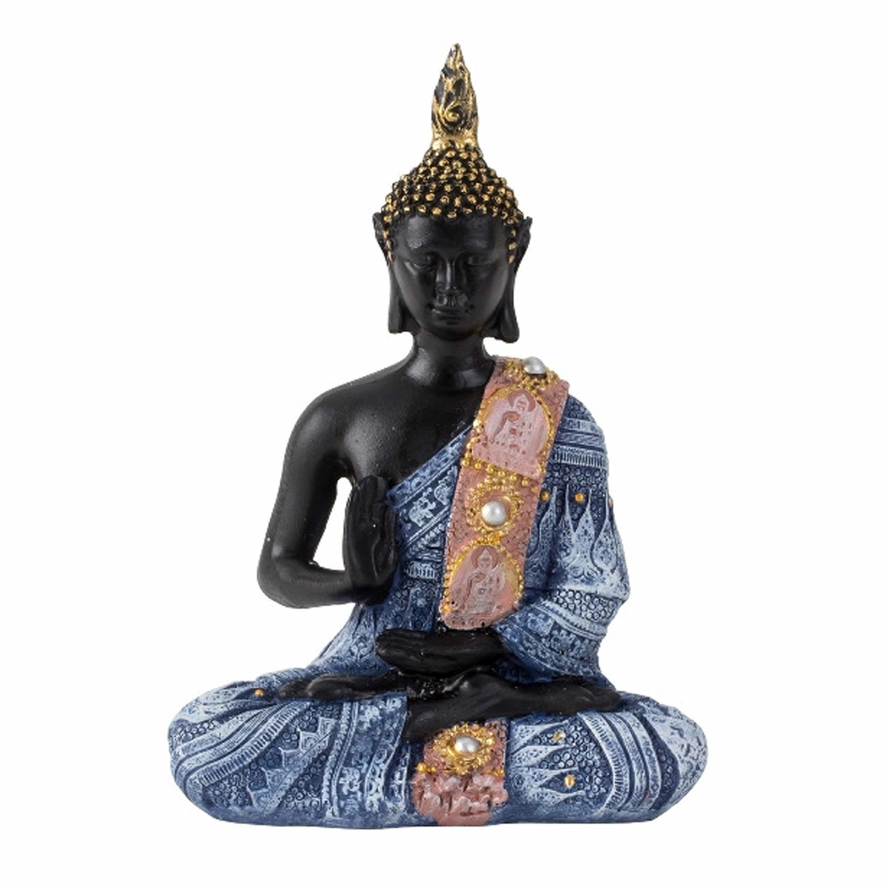 Boeddha beeldje zittend binnen-buiten kunststeen zwart-blauw 15 x 10 cm
