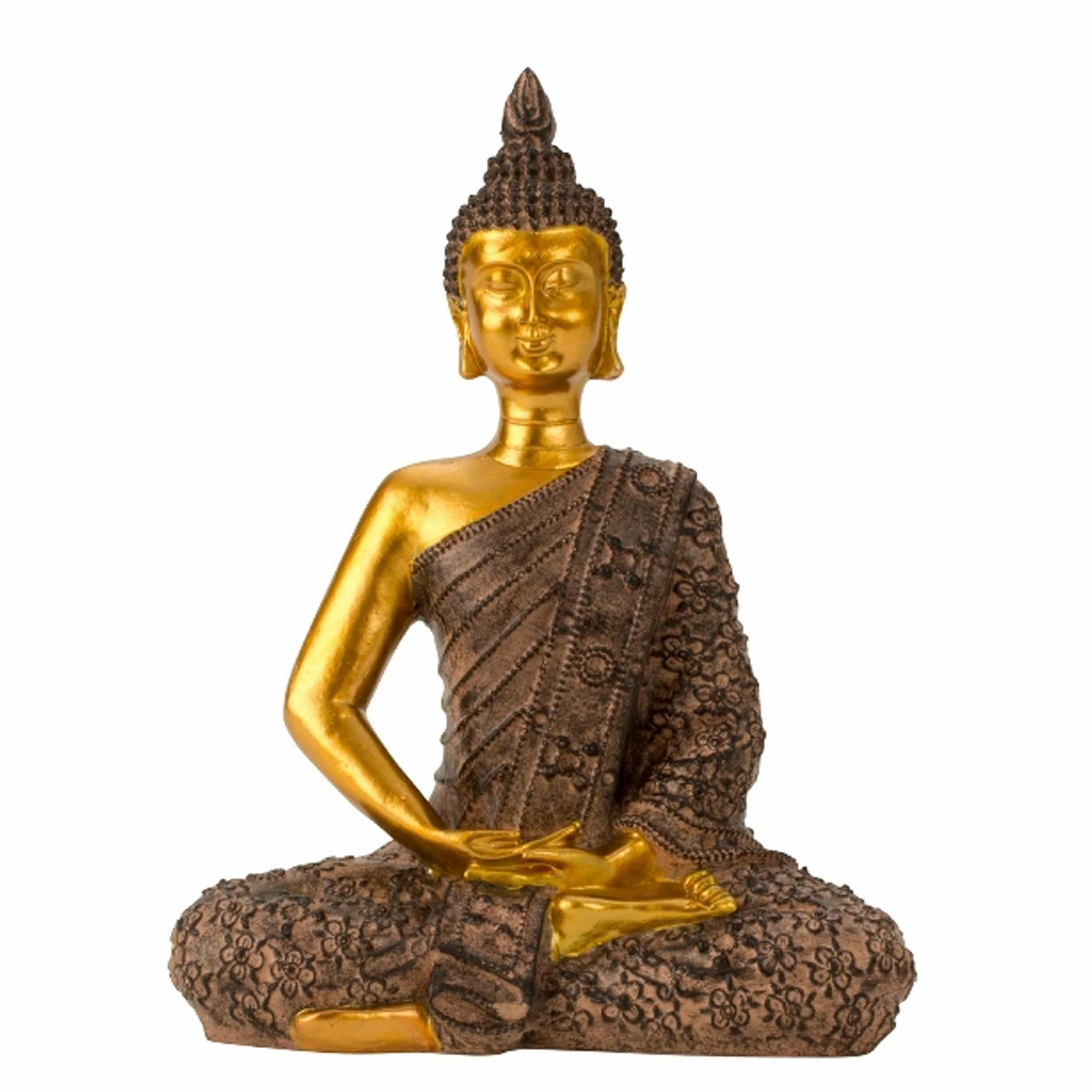Boeddha beeldje zittend binnen-buiten kunststeen zwart-goud 17 x 23 cm