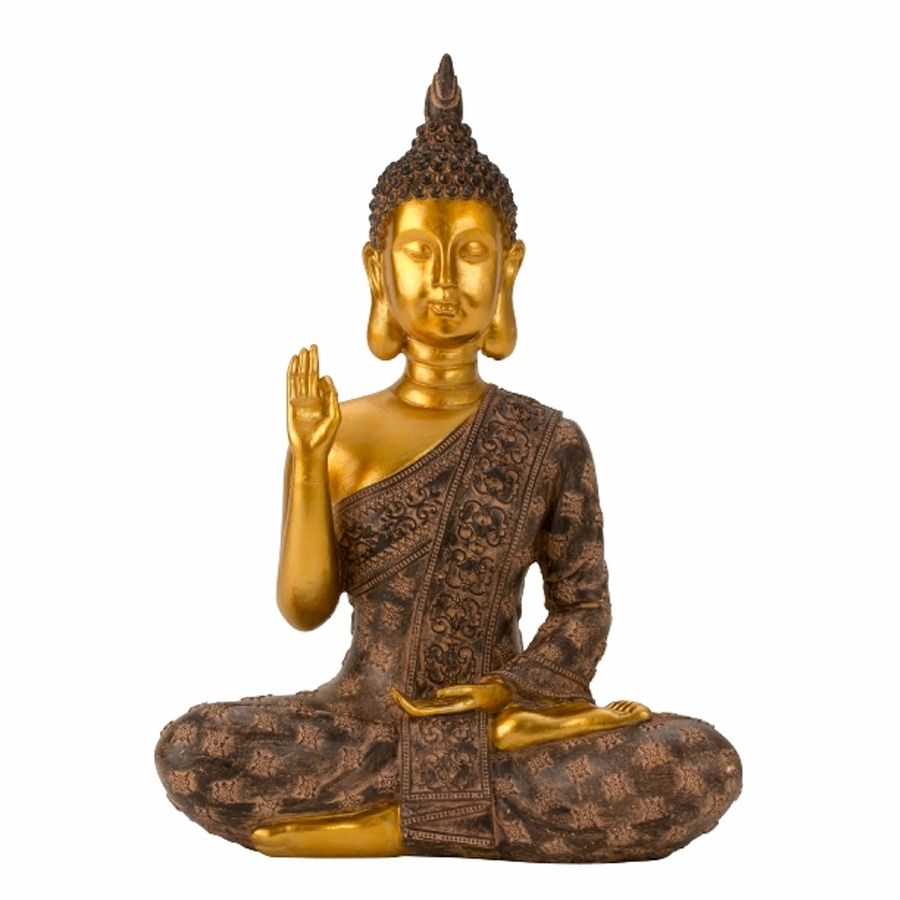 Boeddha beeldje zittend binnen-buiten kunststeen zwart-goud 20 x 28 cm