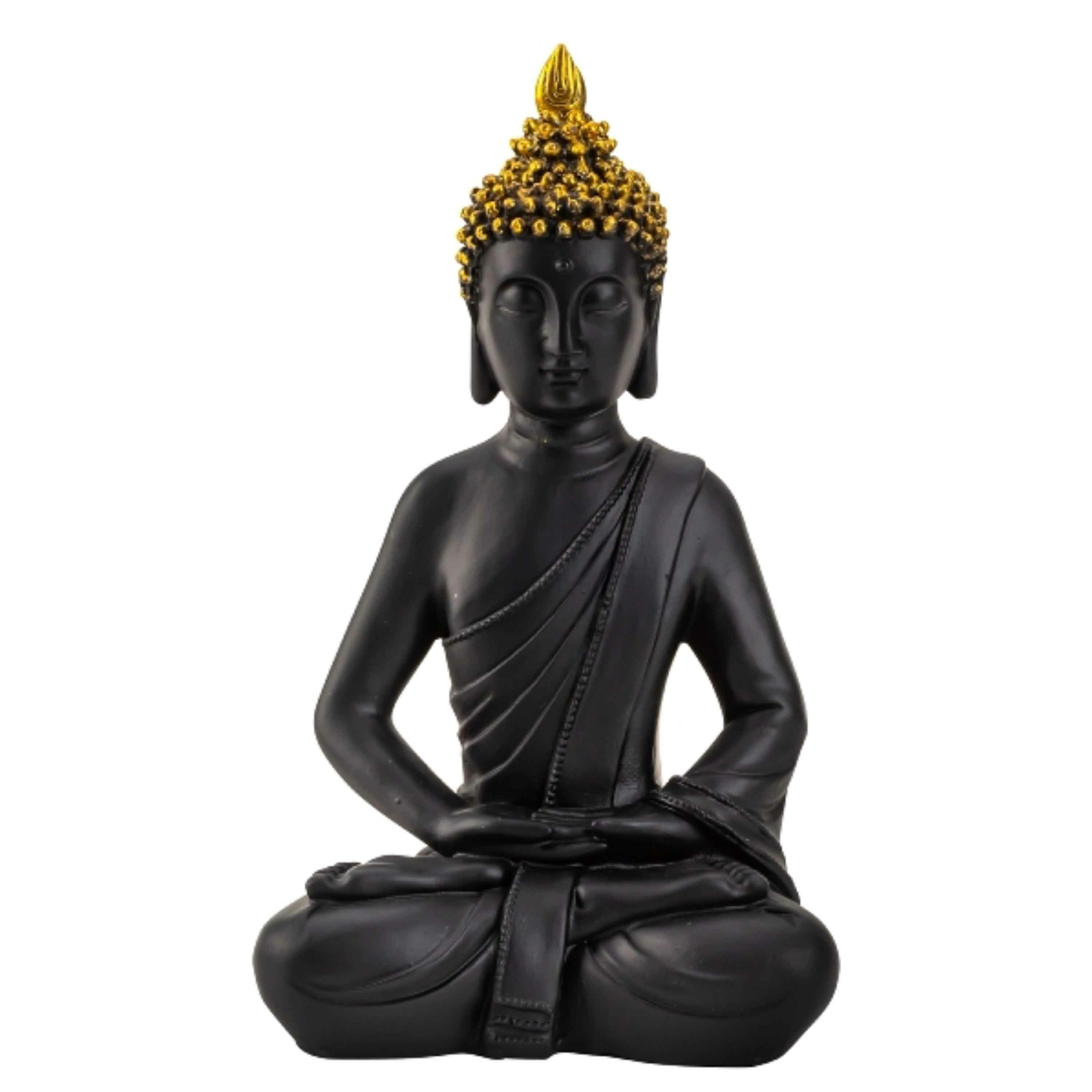 Boeddha beeldje zittend binnen-buiten kunststeen zwart-goud 30 x 17 cm