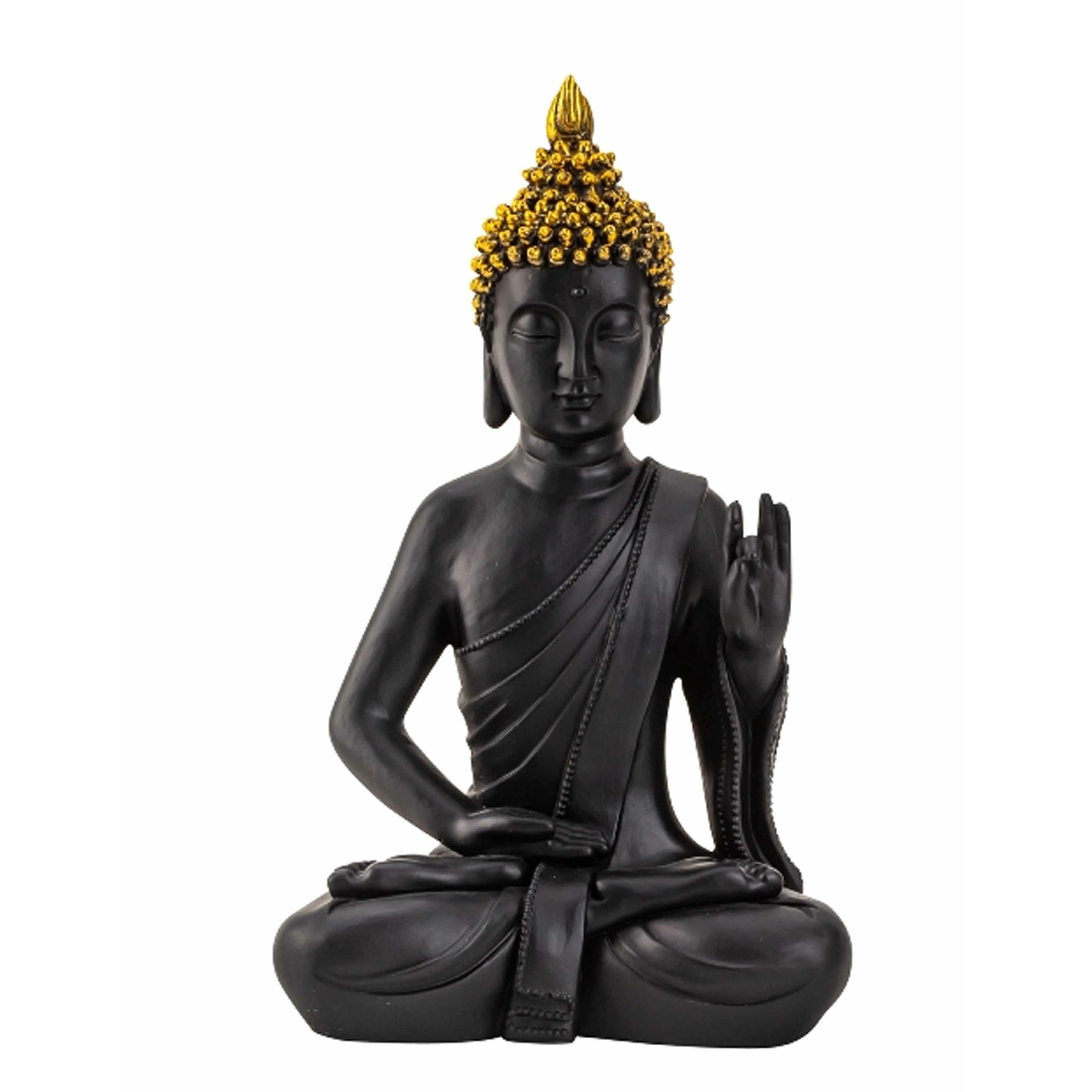 Boeddha beeldje zittend binnen-buiten kunststeen zwart-goud 31 x 18 cm