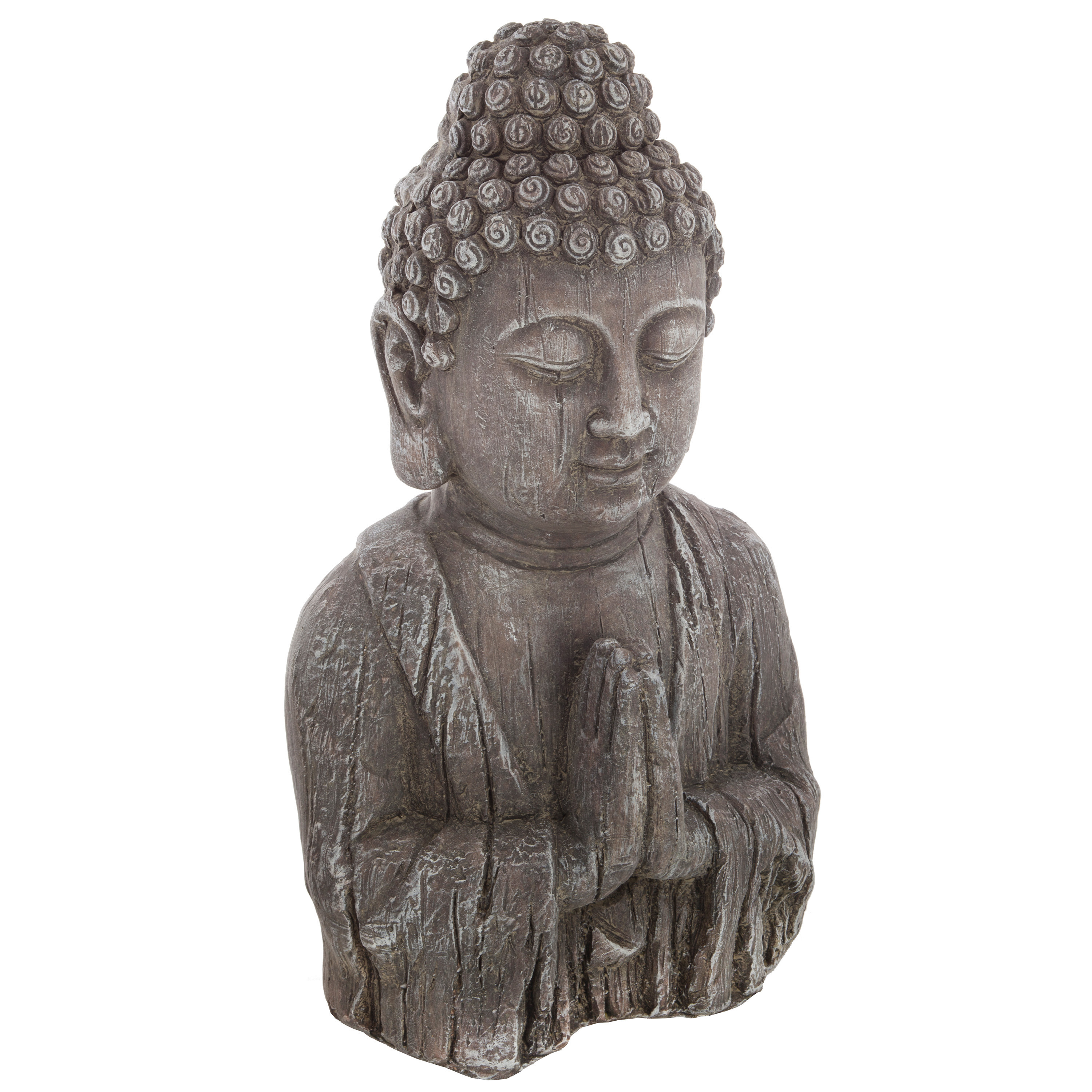 Boeddha hoofd beeld biddend binnen-buiten kunststeen oud hout look 50 cm