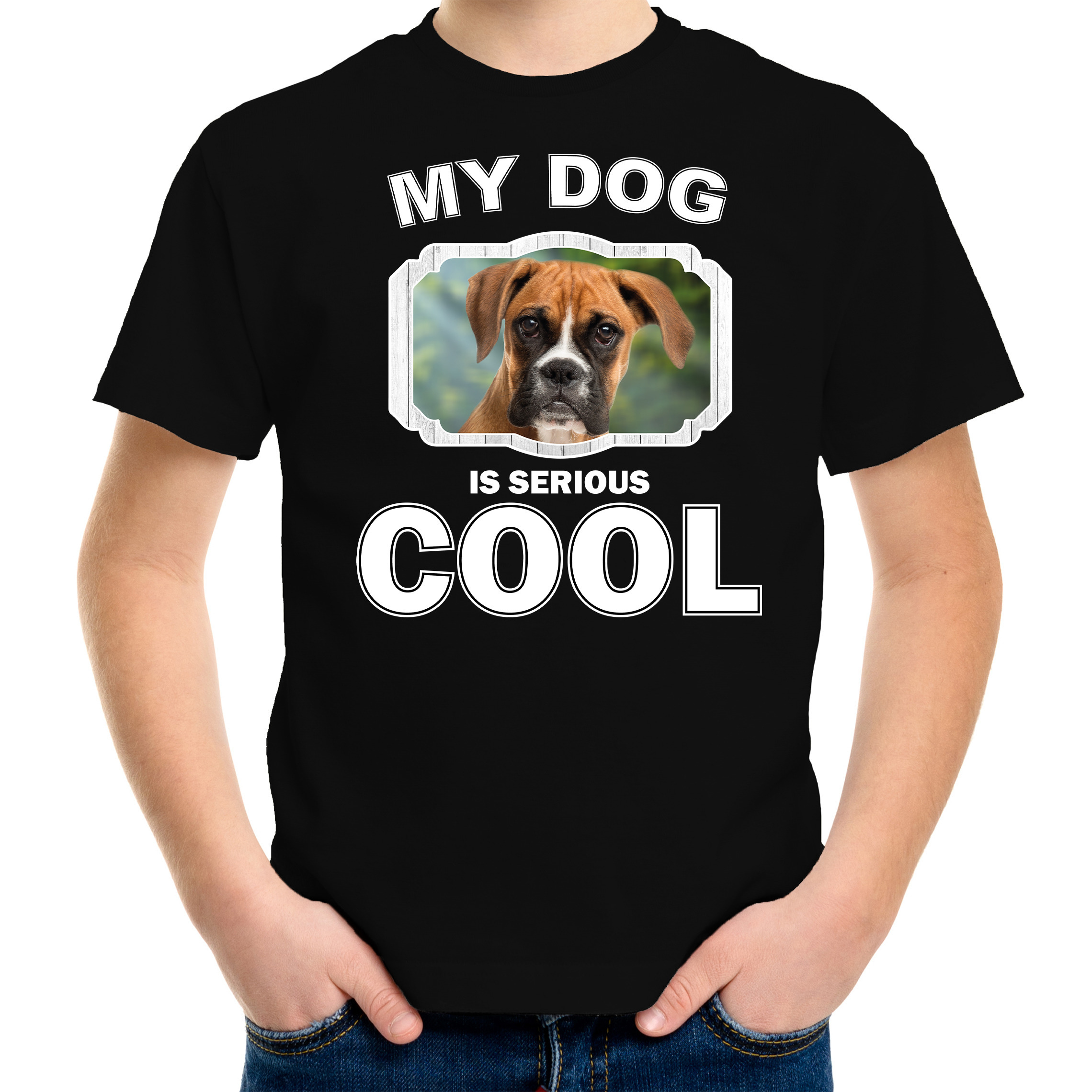 Boxer honden t-shirt my dog is serious cool zwart voor kinderen