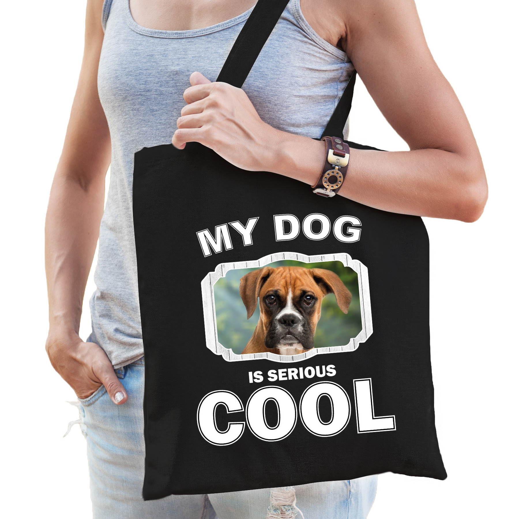 Boxer honden tasje zwart volwassenen en kinderen my dog serious is cool kado boodschappentasje