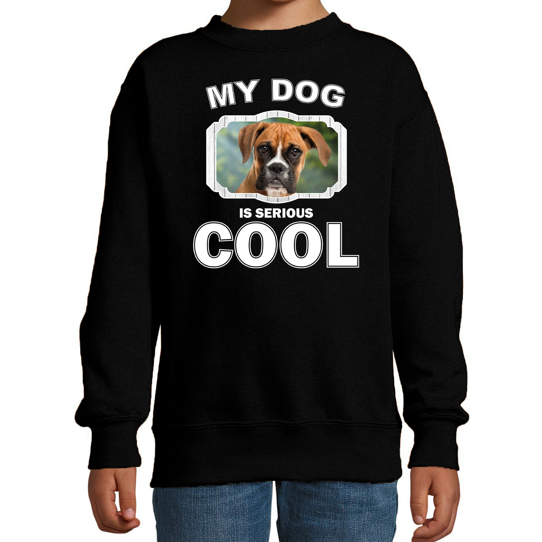 Boxer honden trui-sweater my dog is serious cool zwart voor kinderen