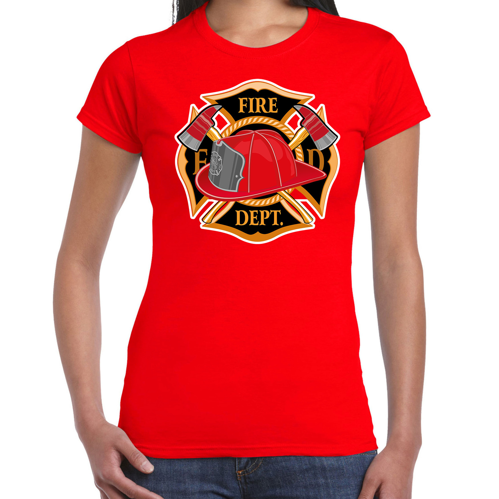 Brandweer logo verkleed t-shirt-outfit rood voor dames