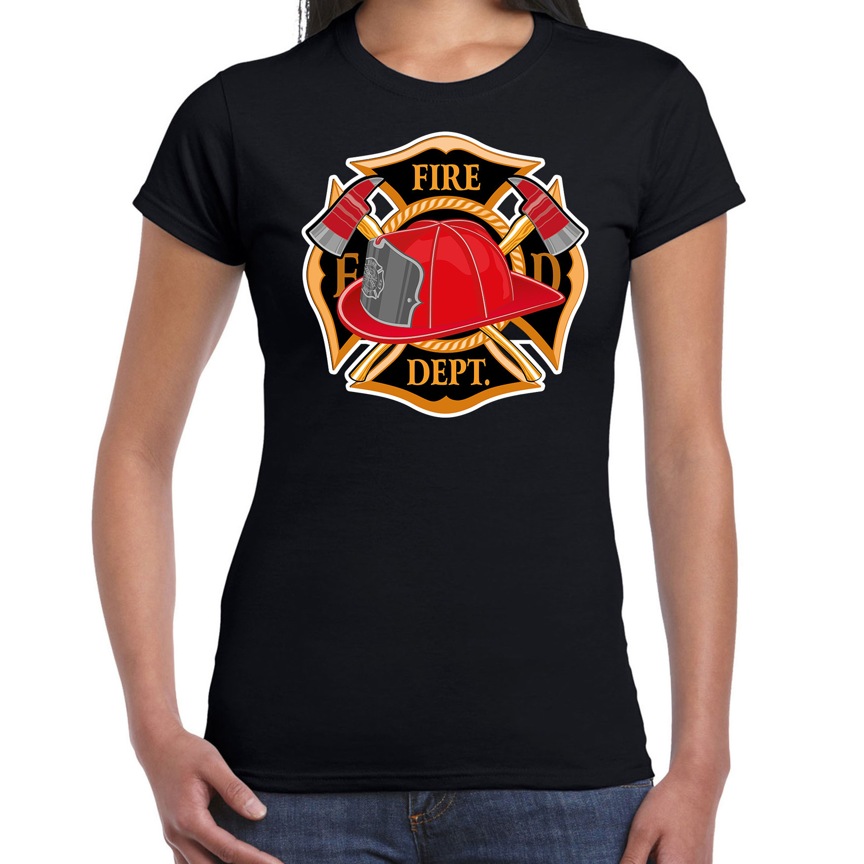 Brandweer logo verkleed t-shirt-outfit zwart voor dames