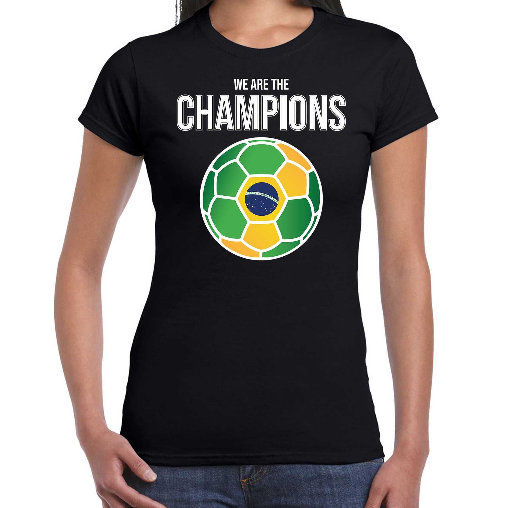 Brazilie WK supporter t-shirt we are the champions met Braziliaanse voetbal zwart dames