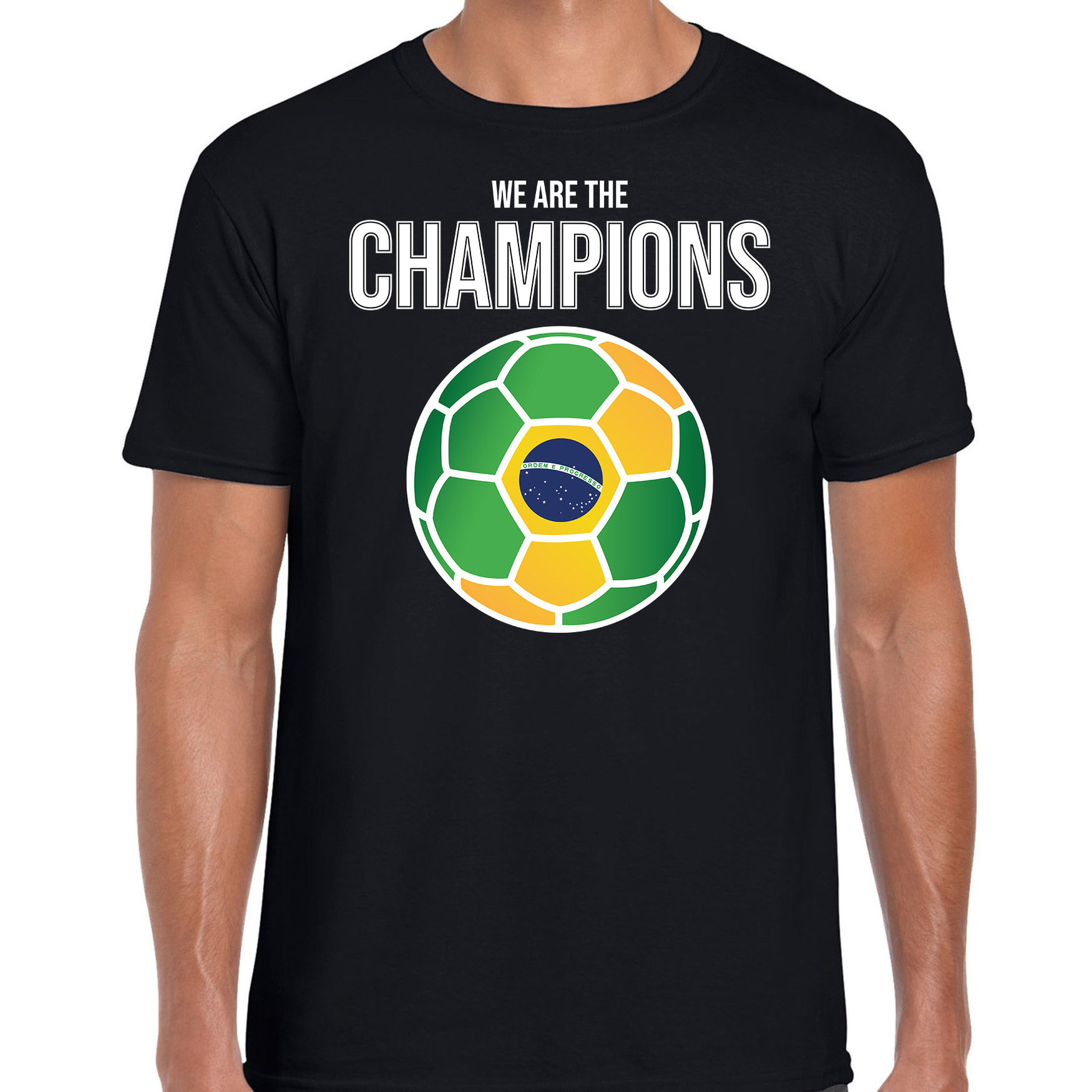 Brazilie WK supporter t-shirt we are the champions met Braziliaanse voetbal zwart heren