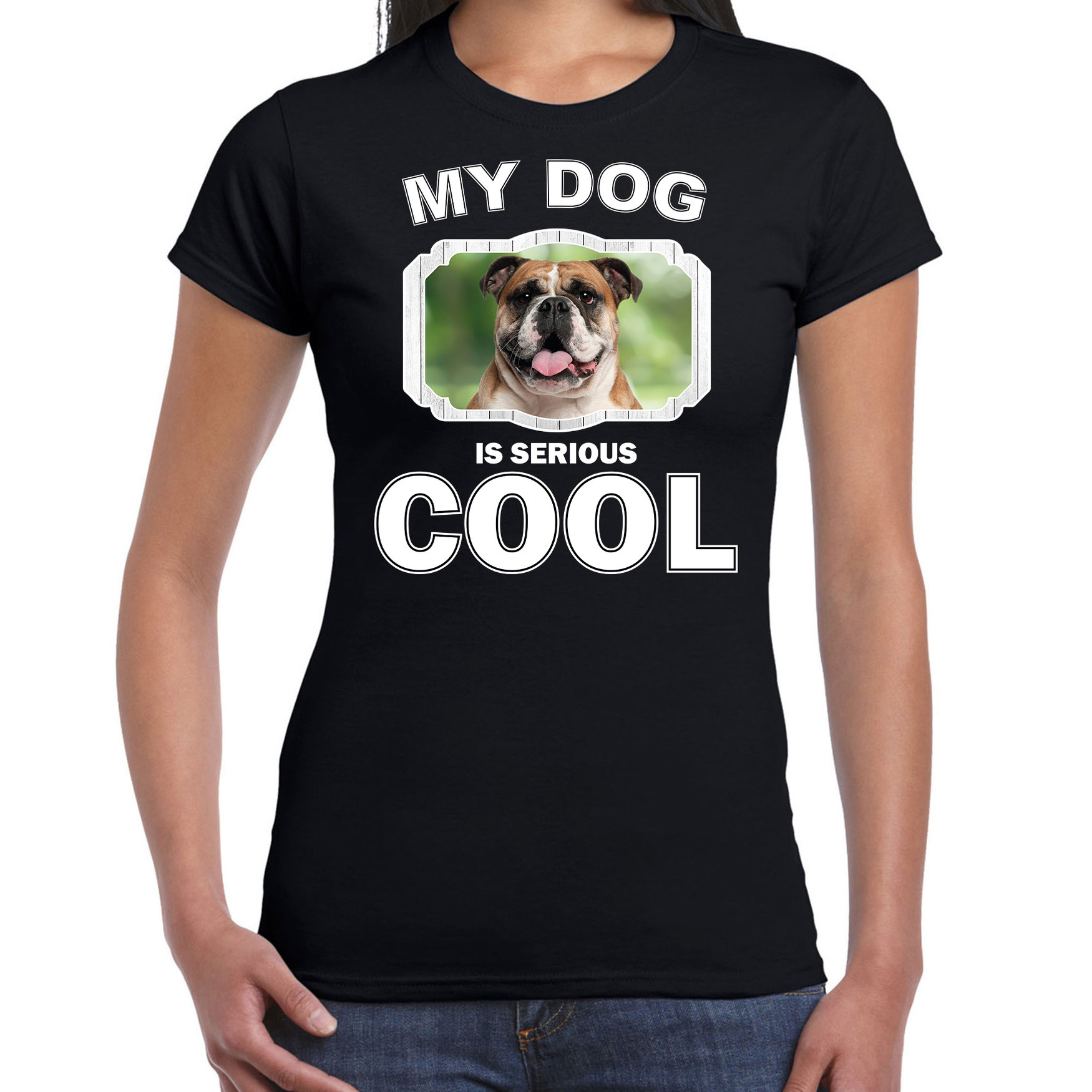 Britse bulldog honden t-shirt my dog is serious cool zwart voor dames