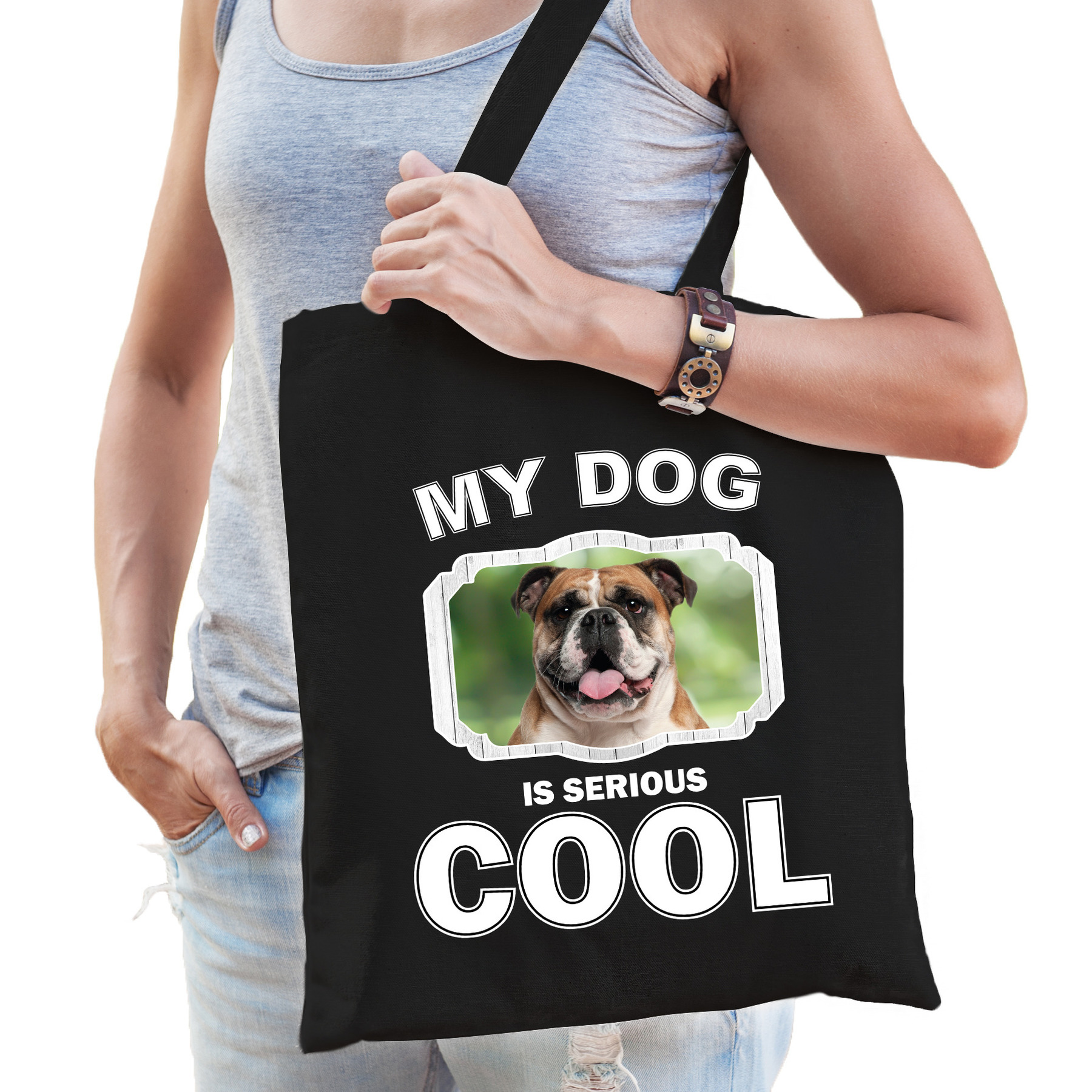 Britse bulldog honden tasje zwart volwassenen en kinderen my dog serious is cool kado boodschappen