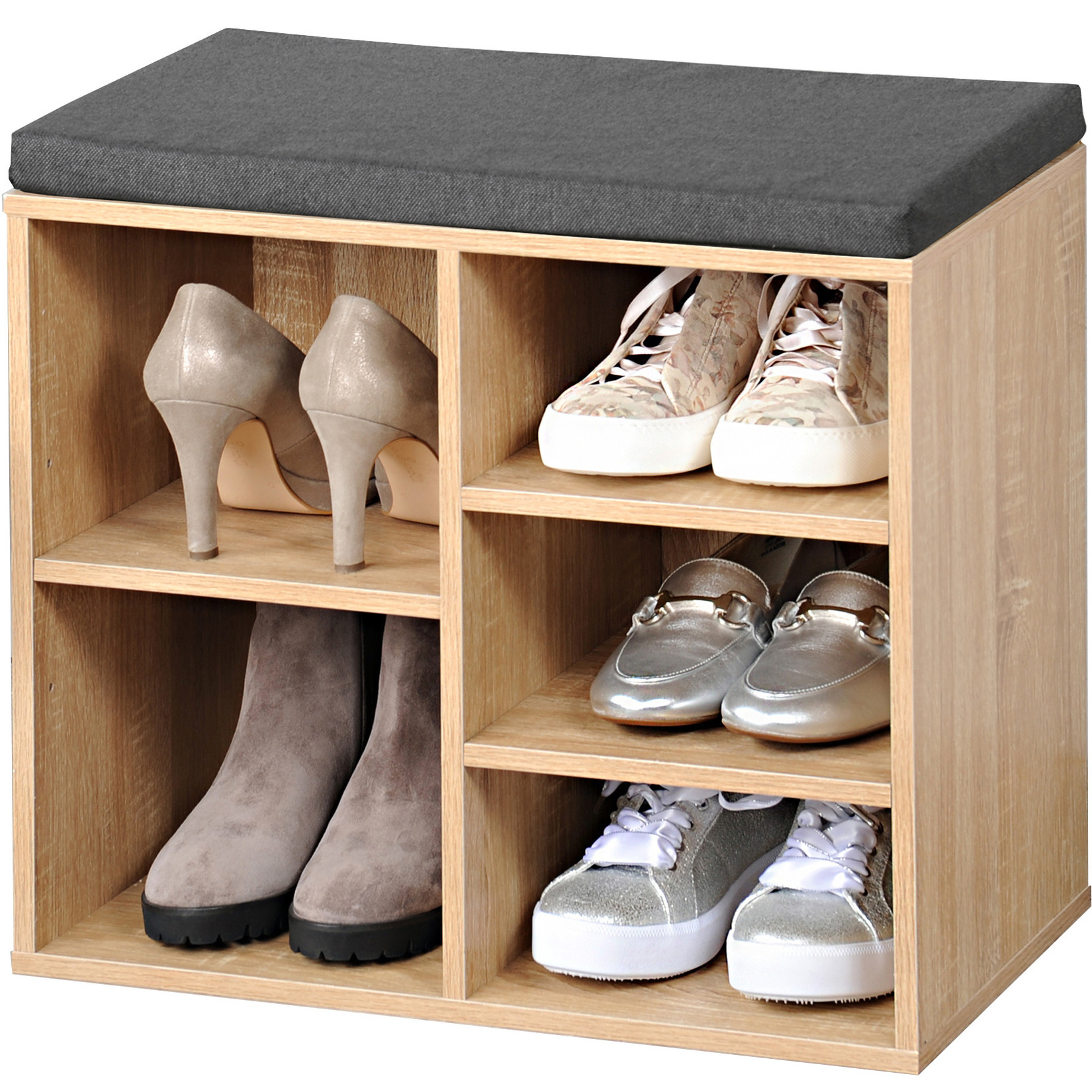 Bruine houtlook schoenenkast-schoenenrek bankje 29 x 48 x 51 cm met zitkussen