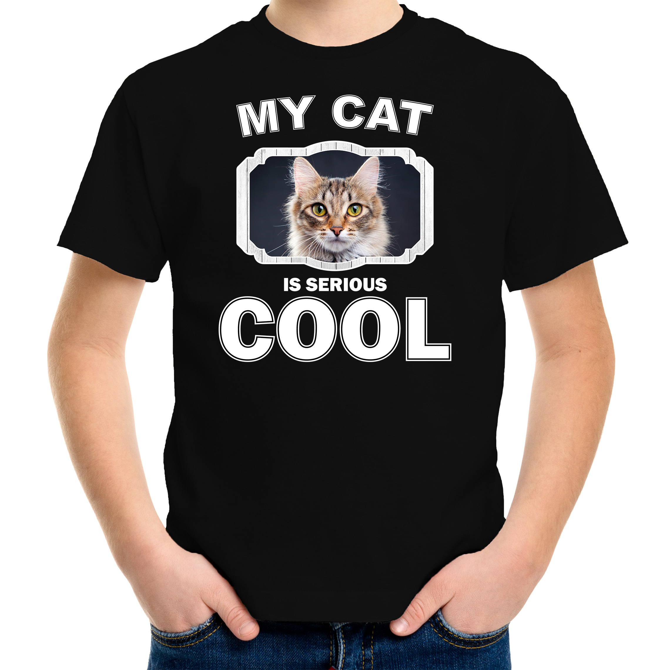 Bruine kat katten-poezen t-shirt my cat is serious cool zwart voor kinderen